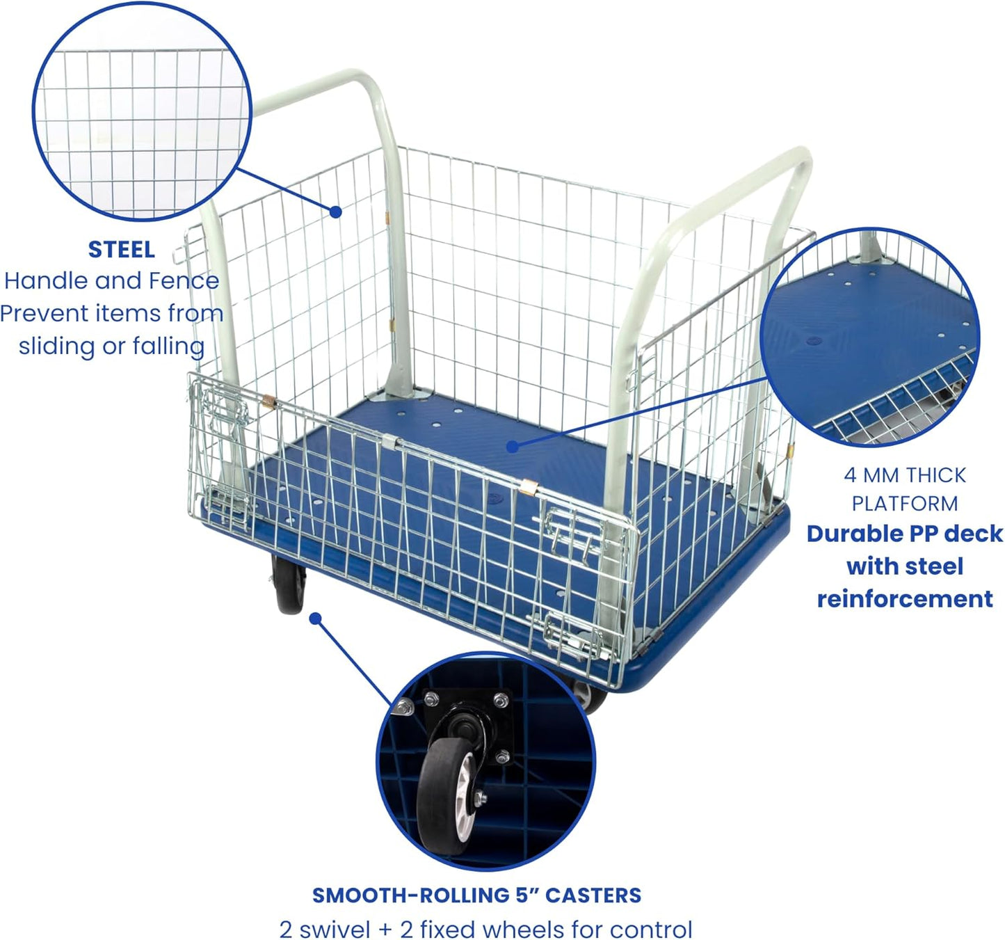 23 * 35 Platform Truck with Fence, 660 lb Capacity, Steel Handle, PP Deck, 5 Inch Casters, Manual Material Handling