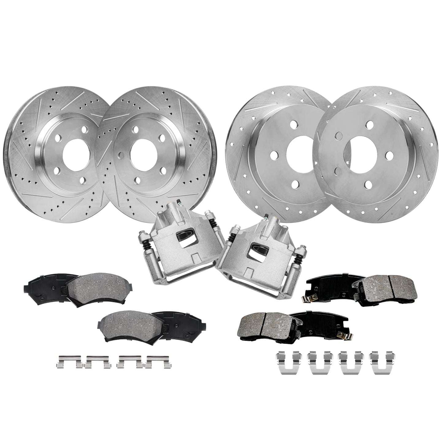 Detroit Axle - Brake Kit for Chevy GMC Silverado Sierra 1500 Tahoe Yukon XL Suburban Escalade ESV Drilled Disc Rotors Ceramic Brakes Pads Replacement : 12.99" Front & 13.58" Rear Rotor