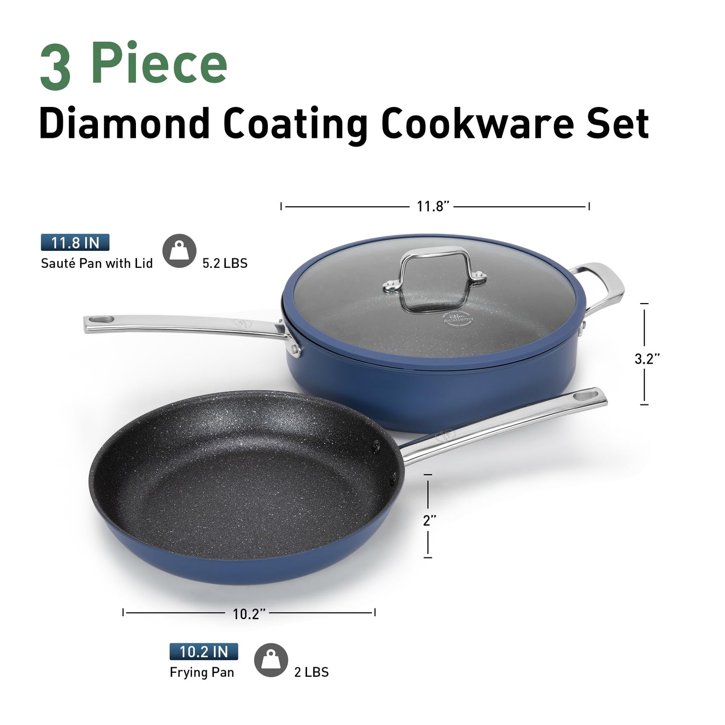Kitchen Academy Plasma Titanium Ceramic Nonstick Cookware Set - 6 Piece Induction Pots and Pans Set Non Stick, Blue Healthy Non Toxic Cooking Ware Set with Scratch Defense Technology, PFOA&PFOS Free