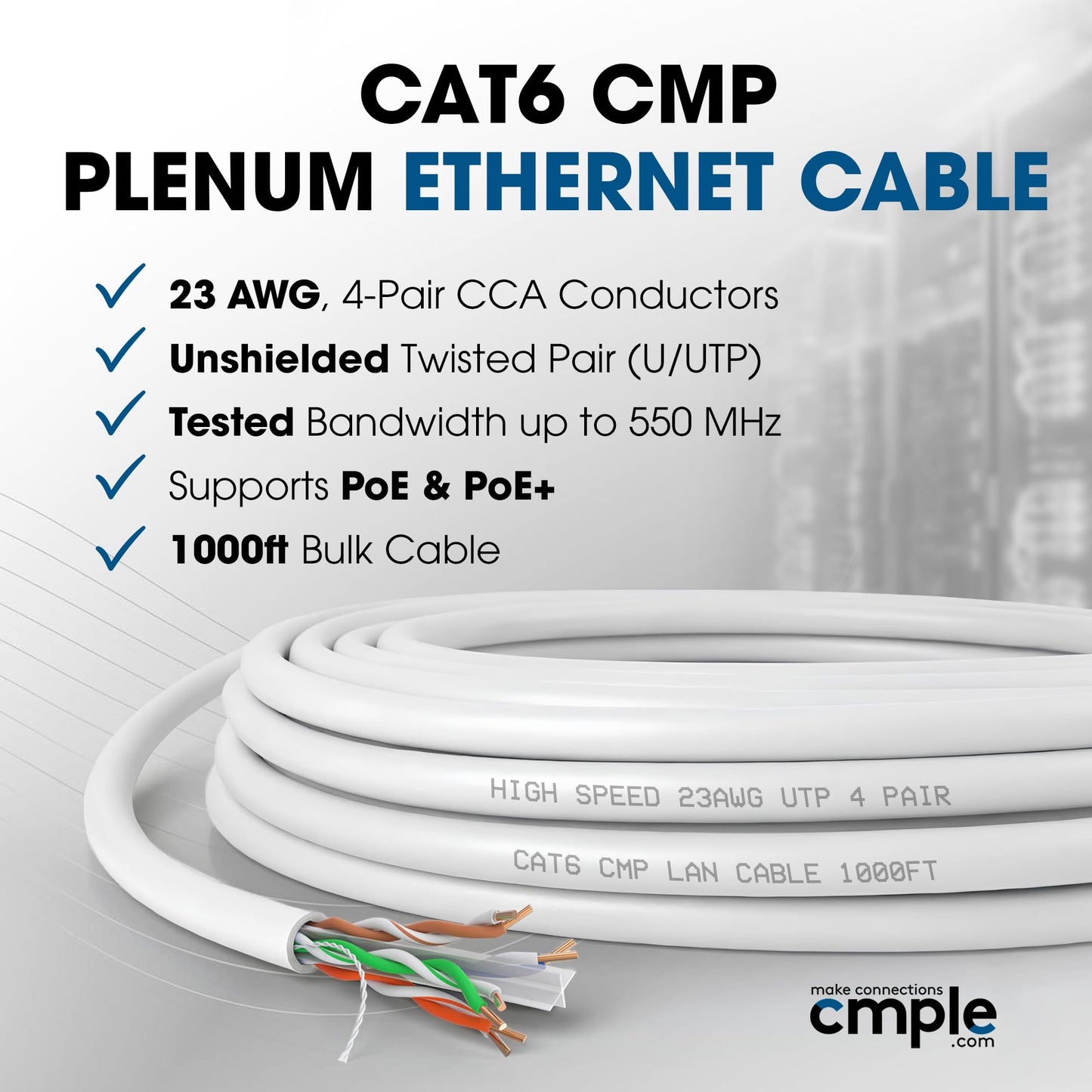 Cmple Cat6 Ethernet Cable 1000ft Plenum CMP 23AWG 550MHz UTP Solid 10Gbps PoE in-Wall Rated Bulk LAN Network Cable DSX-8000 Tested Pull Box - Black