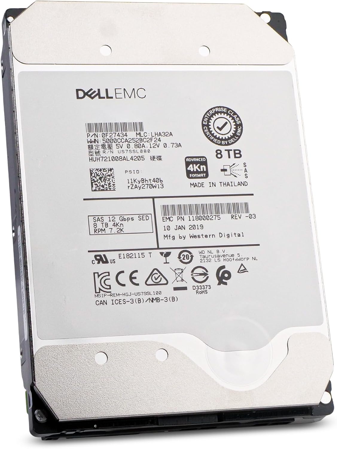 Dell/Western Digital Ultrastar DC HC510 HUH721008AL4205 0F27409 8TB 7.2K RPM SAS 12Gb/s 4Kn 256MB 3.5in Enterprise Hard Drive (Renewed)