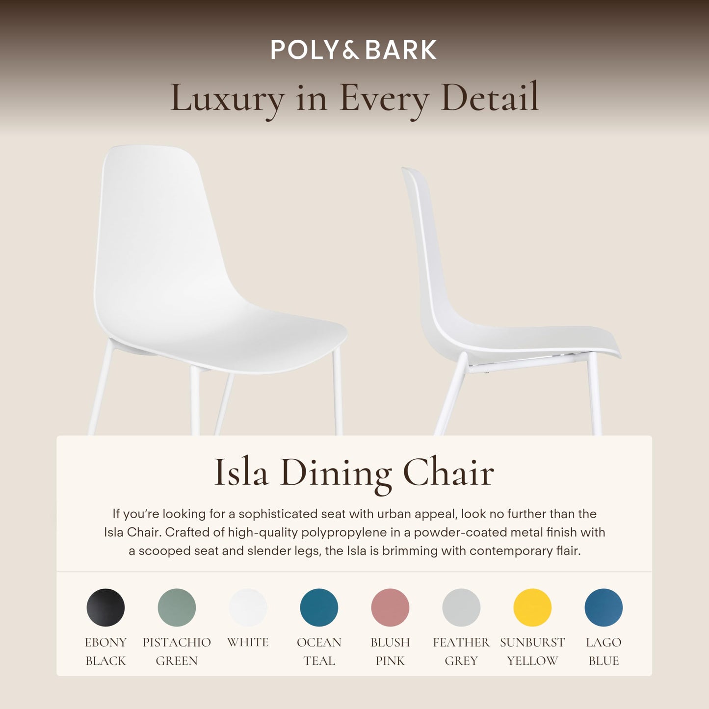 POLY & BARK Isla Modern Dining Chairs Set of 4 – Mid Century Modern Plastic Dining Chair with Metal Legs – Kitchen & Dining Room Chairs – Indoor/Outdoor – White
