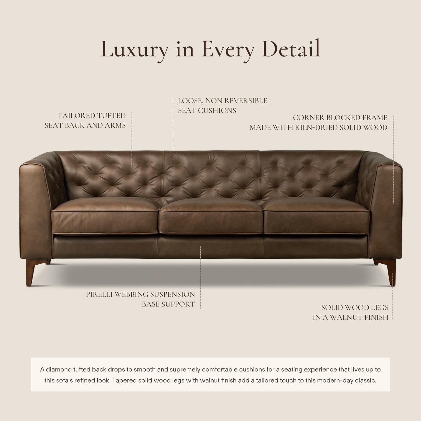 POLY & BARK Essex 89” Full-Grain Italian Leather Sofa – Tufted Back, Feather-Down Comfort, Solid Wood Frame, Cognac Tan