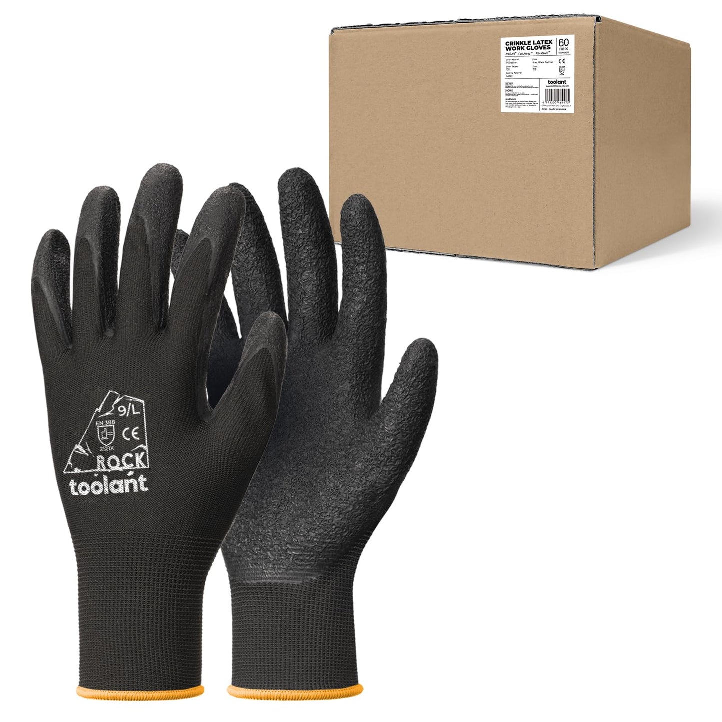 toolant Crinkle Latex Work Gloves Bulk, Rubber Coated Safety Work Gloves for Men and Women, 12 Pairs for Construction, Gardening, Warehouse (Black, Large)