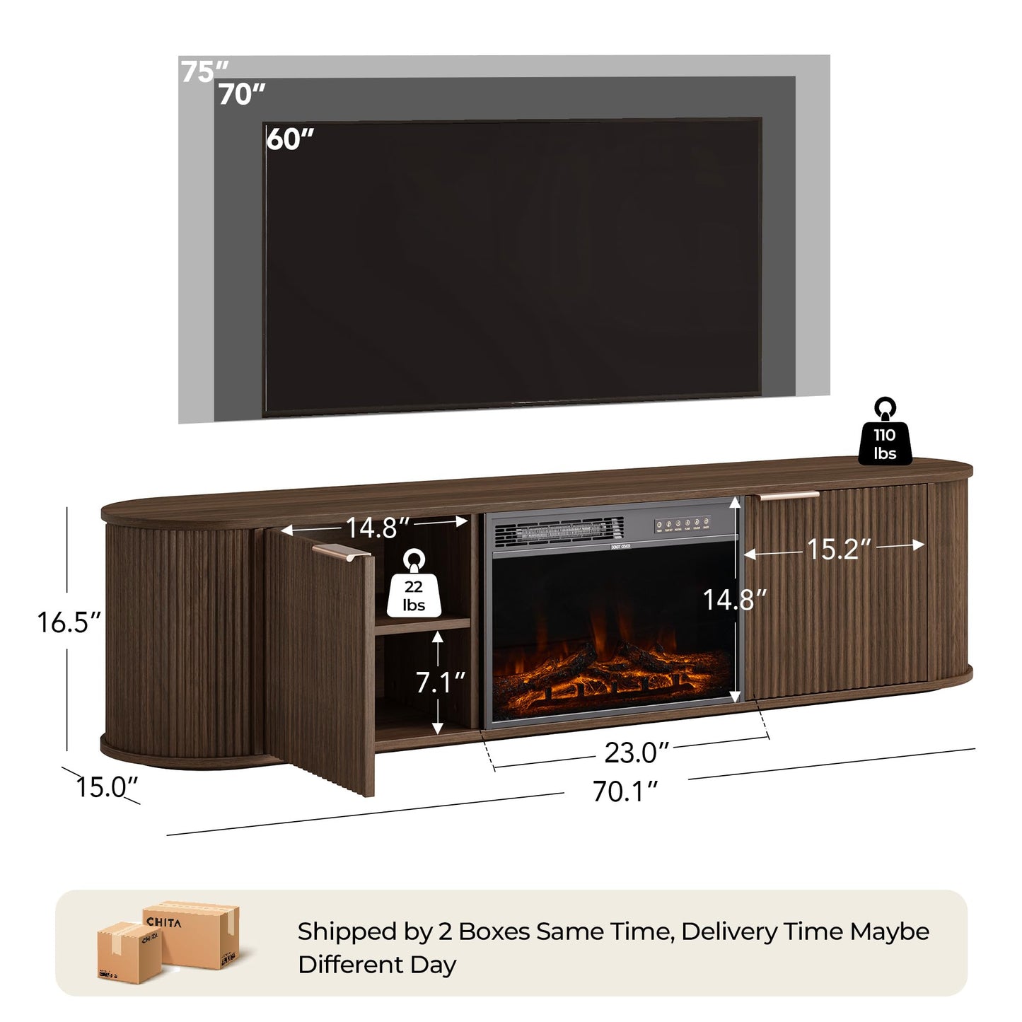 CHITA 70" Fluted TV Stands for Living Room for TVs Up to 80", Mid Century Modern Entertainment Center with Drawers, TV Console for Living Room with Storage and Adjustable Shelves, Walnut