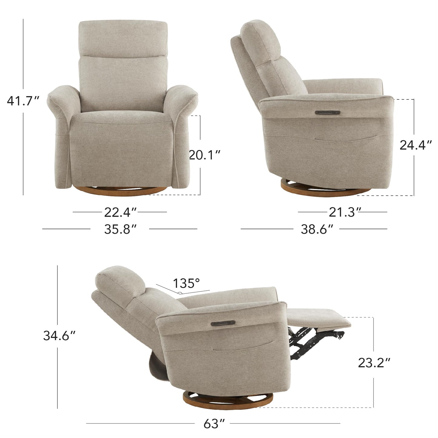 CHITA Power Recliner Chair, Electric Triple-Motor Swivel Glider Nursery Rocking Chair with Adjustable Power Headrest and Lumbar Support, GREENGARD Gold Certified, Solid Wood Base, Linen