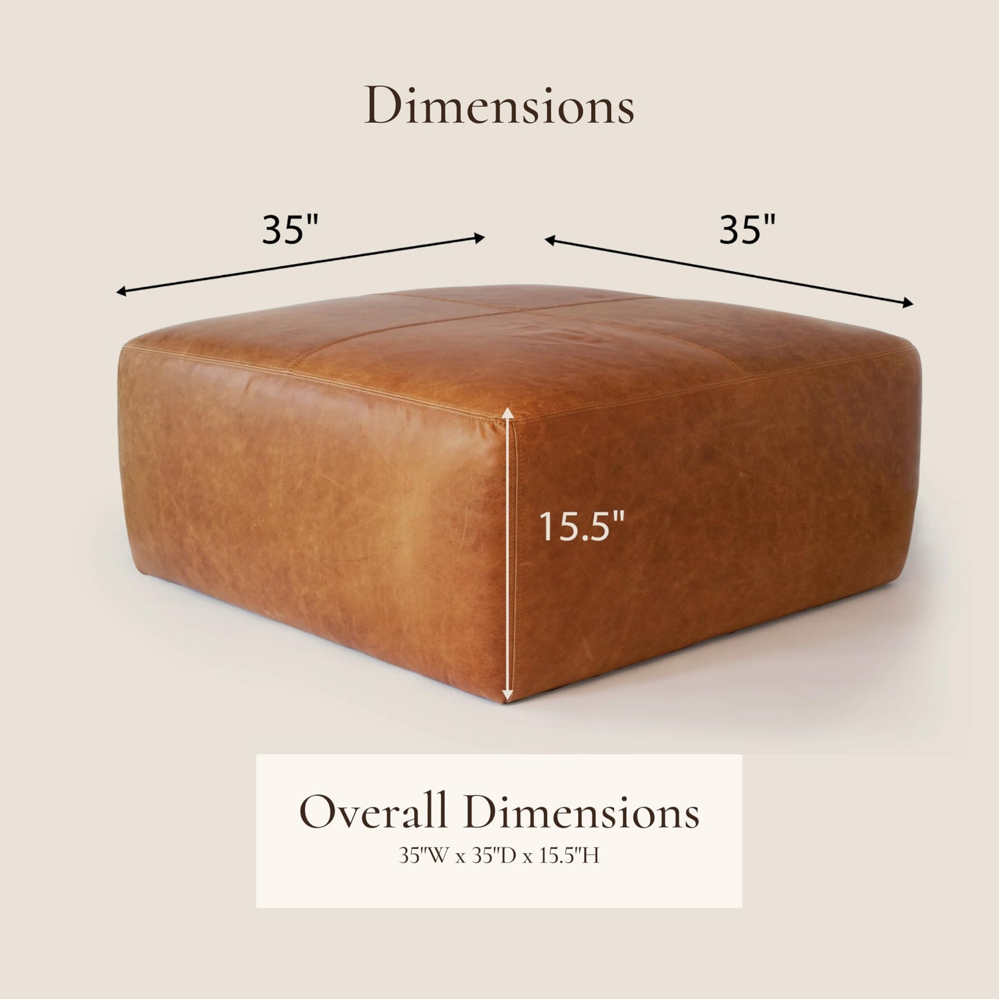 POLY & BARK Denver Ottoman – 43" Large Pouf with Feather-Down Topper – Full-Grain Leather Upholstered Pouf Ottoman for Living Room – Vintage Italian Leather in Cognac Tan