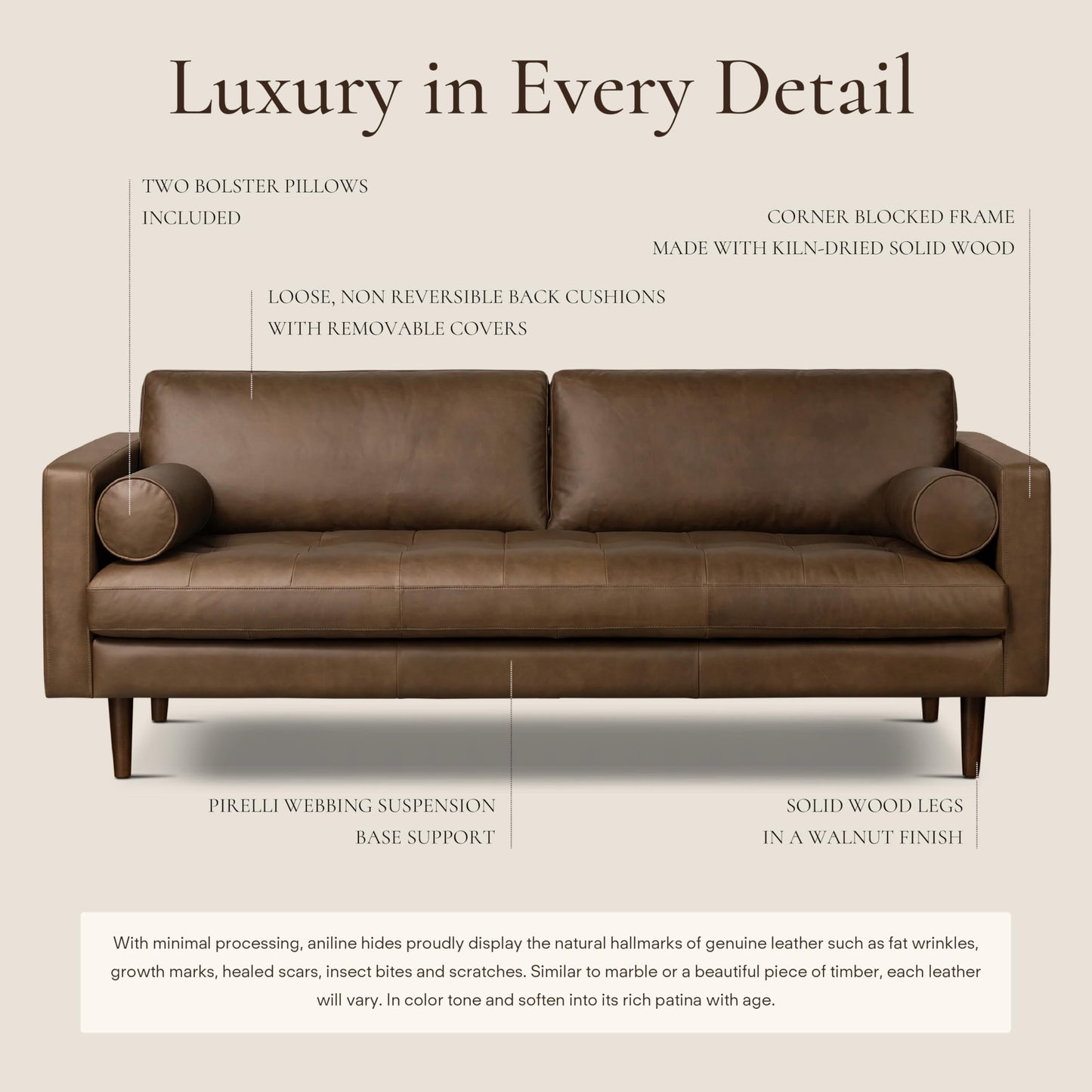 POLY & BARK Napa 82" Leather Pull‑Out Sleeper Sofa – Full‑Grain Italian Leather Upholstery,Tri‑Layer Mattress & Storage Console –Sophisticated Multi‑Functional Sofa Bed for Living Rooms & Guest Spaces