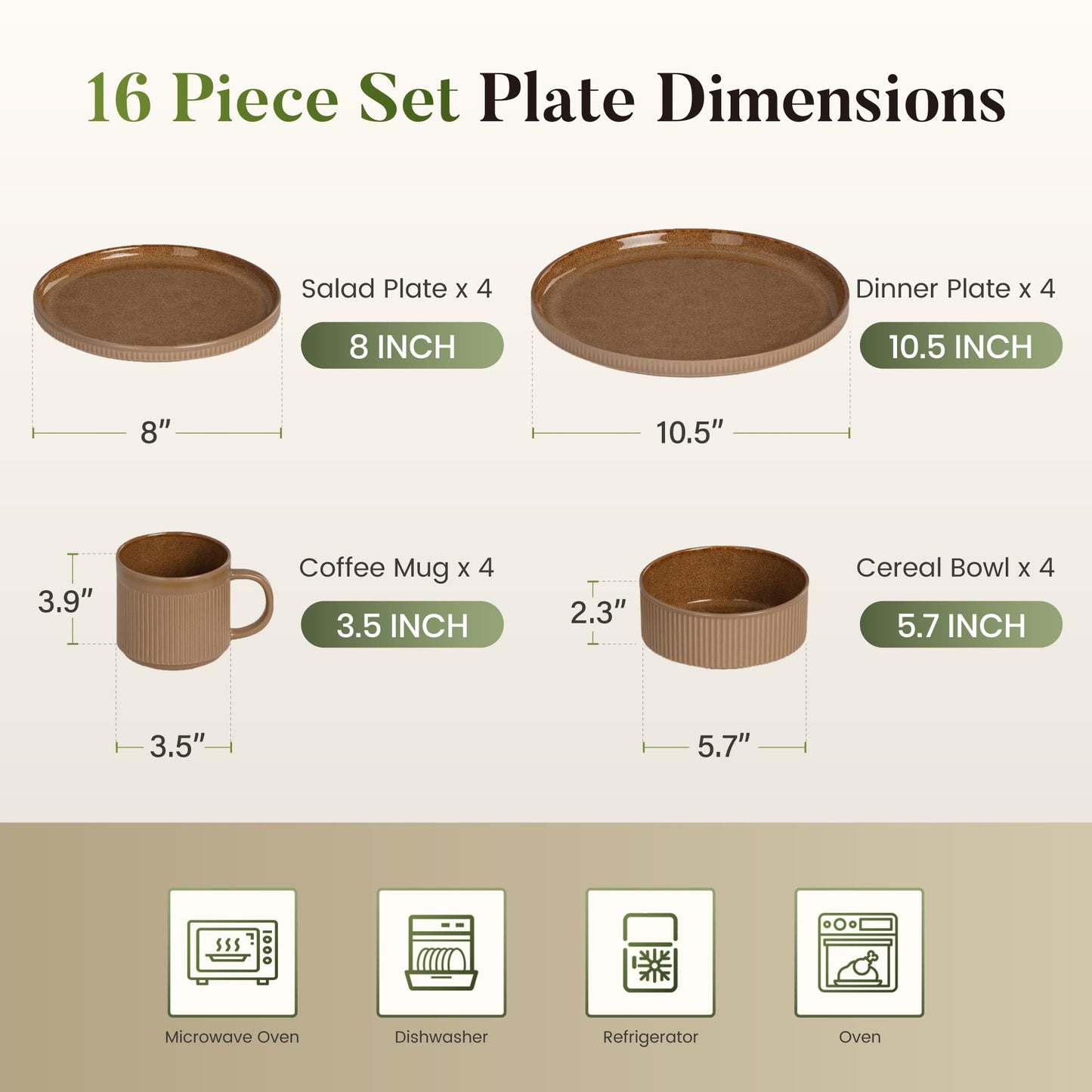 Kitchen Academy Brown Stoneawre Dinnerware Sets for 8, 24Pcs Ceramic Non Toxic Plates and Bowls Sets, Scratch Resistant Dishes, Oven & Microwave Safe