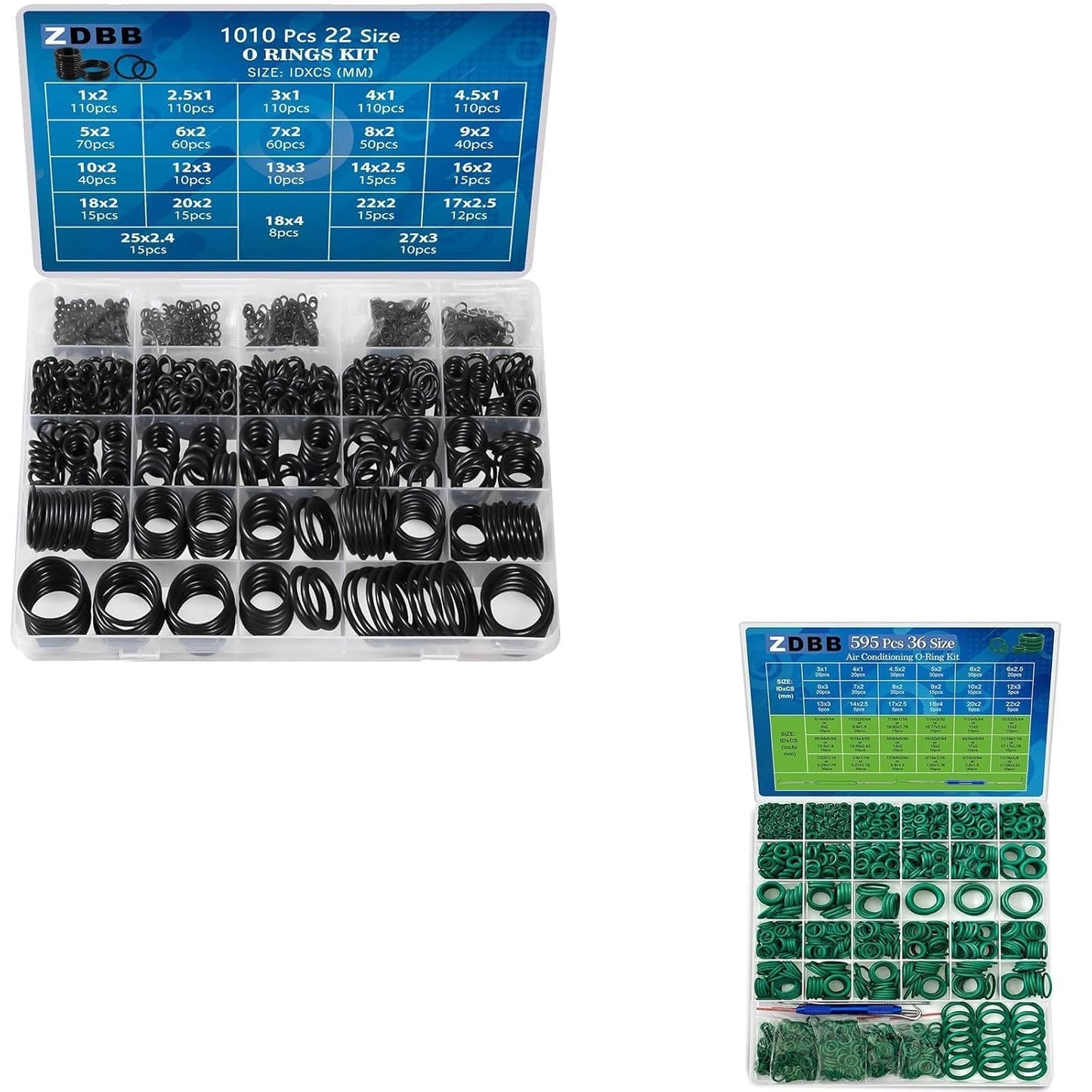ZDBB 1010 Pcs Rubber O Rings Kit and 595 Pcs Automotive AC O Rings Kit for Car A/C Compressor and Automotive Faucet Pressure Washer Plumbing