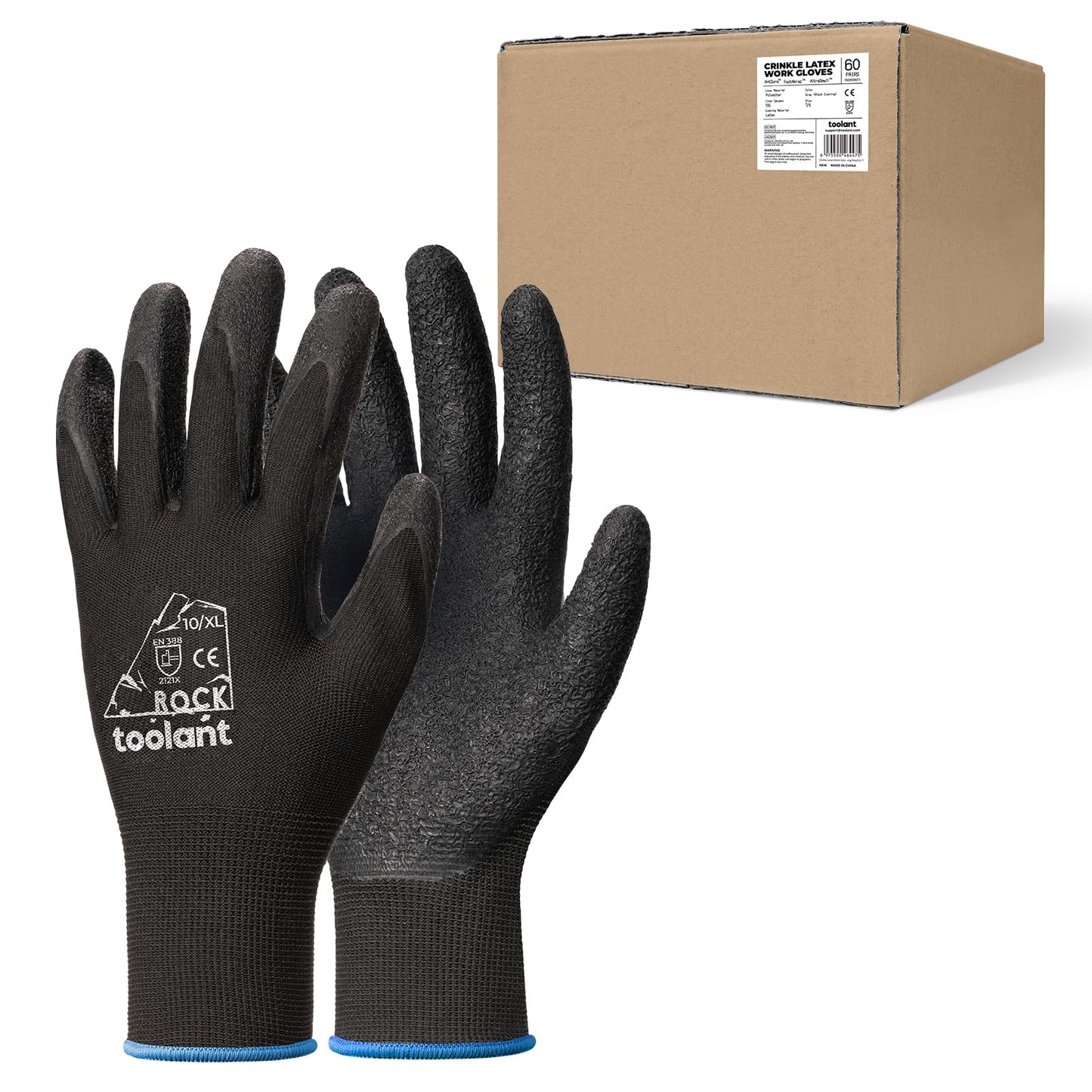 toolant Crinkle Latex Work Gloves Bulk, Rubber Coated Safety Work Gloves for Men and Women, 12 Pairs for Construction, Gardening, Warehouse (Black, Large)