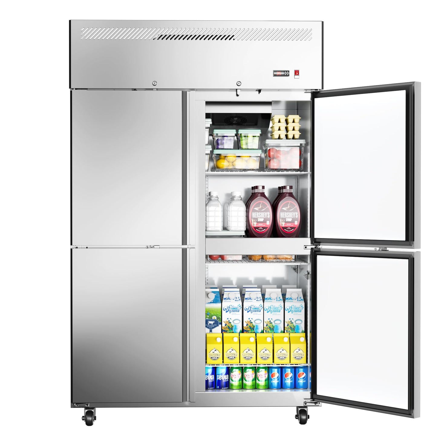 48" W 4 Door Commercial Refrigerator, 36 Cu.ft Stainless Steel Industrial Fridge (32℉~47℉) with 8 Adjustable Shelves, Lockable Door, Wheels, Auto-Defrost for Restaurant, Kitchen, Shop