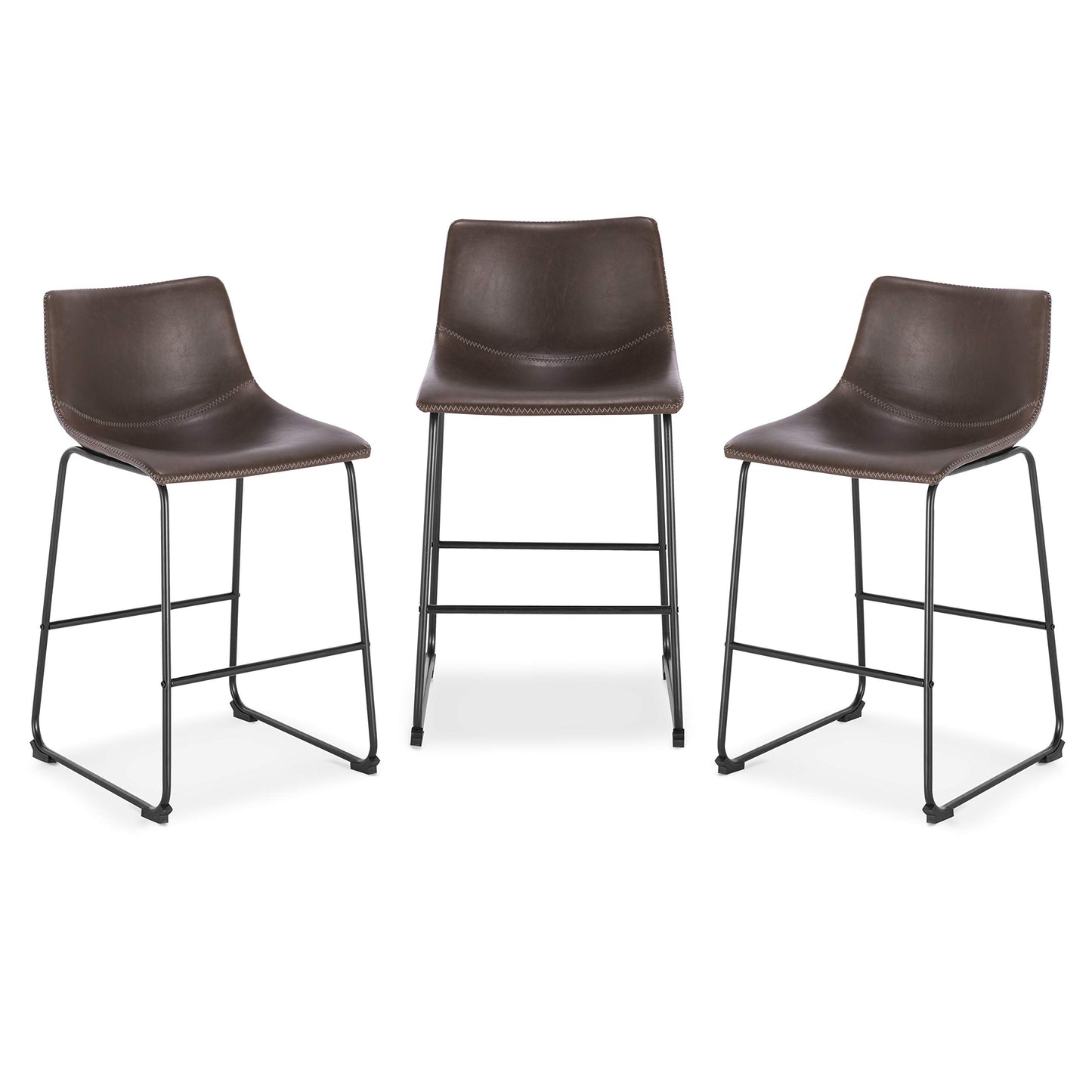POLY & BARK Brinley Counter Stool Set of 3, Modern Armless Counter-Height Stools with Gently Curved Backrest and Wood Legs, Tan Faux Leather, for Kitchen Island or Breakfast Bar, 24" seat height