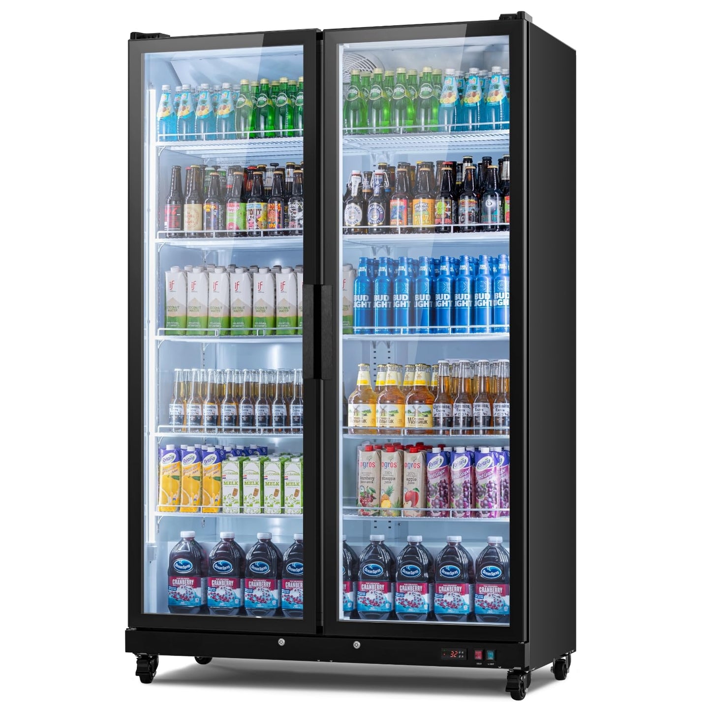 Yeego Commercial Refrigerators - 27.1 Cu.Ft 2 Glass Doors Commercial Beverage Refrigerator with LED Light & Adjustable Shelves, 32-50°F Commercial Cooler for Stores Bakery Bar Offices Restaurants