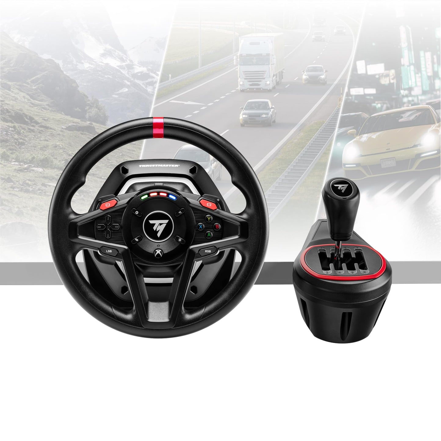 Thrustmaster T128 P Force Feedback Racing Wheel & Pedal Set - PS5 & PC | Magnetic paddle shifters, 900-degree rotation, hybrid drive, quick-attach desk clamp, for sim driving, farming & truck games