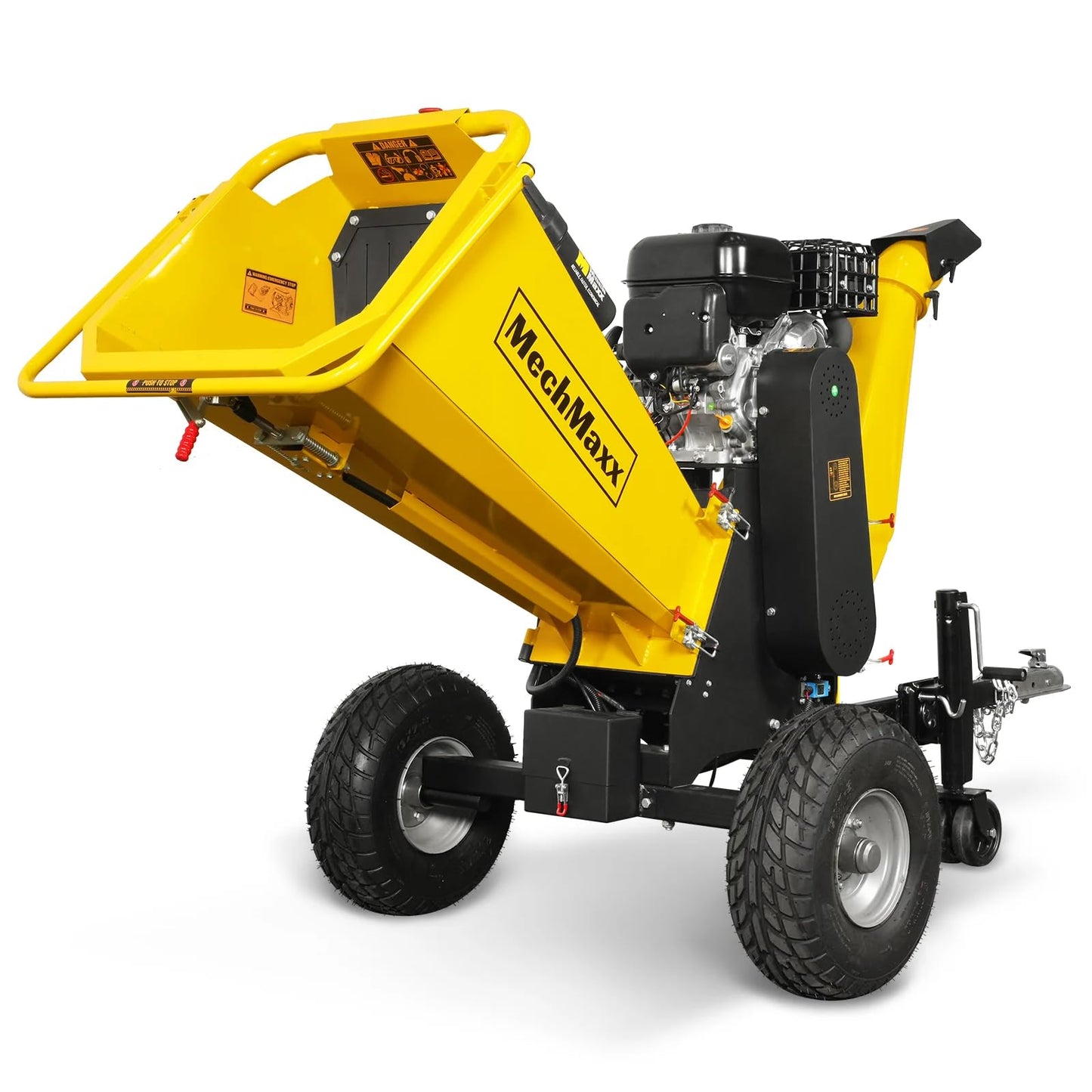 MechMaxx 6 inch ZONSEN 459cc 15hp E-Start Gas Powered 4-Wheels Wood Chipper Shredder Mulcher with Towbar/Tail Light/Emergency Stop Button/Stop Bar, Model B150 Red