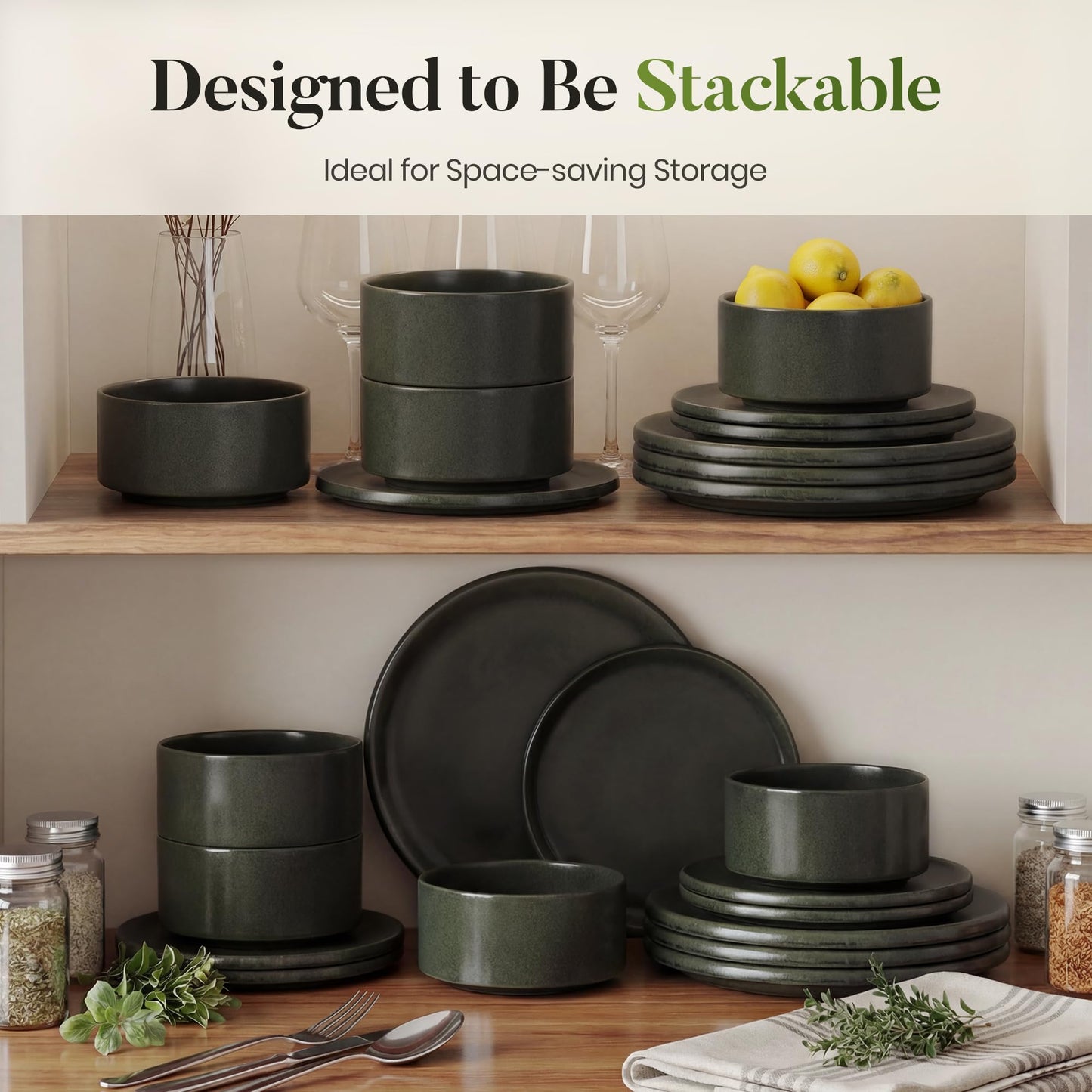 Kitchen Academy Stoneware Dinnerware Sets for 4, 16 Pieces Ceramic Non Toxic Plates and Bowls Sets, Scratch Resistant Handmade Dish Set, Oven & Microwave & Dishwasher Safe, Matte Black