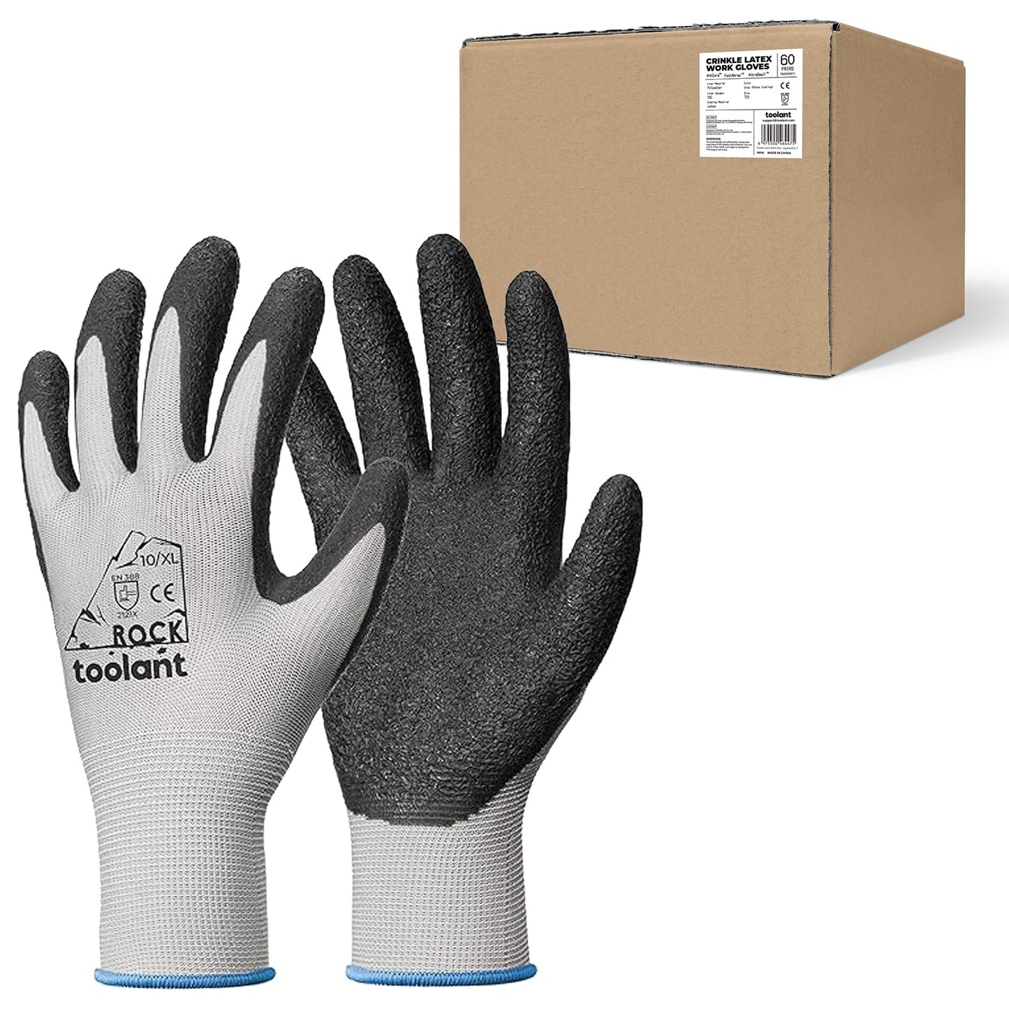 toolant Crinkle Latex Work Gloves Bulk, Rubber Coated Safety Work Gloves for Men and Women, 12 Pairs for Construction, Gardening, Warehouse (Black, Large)