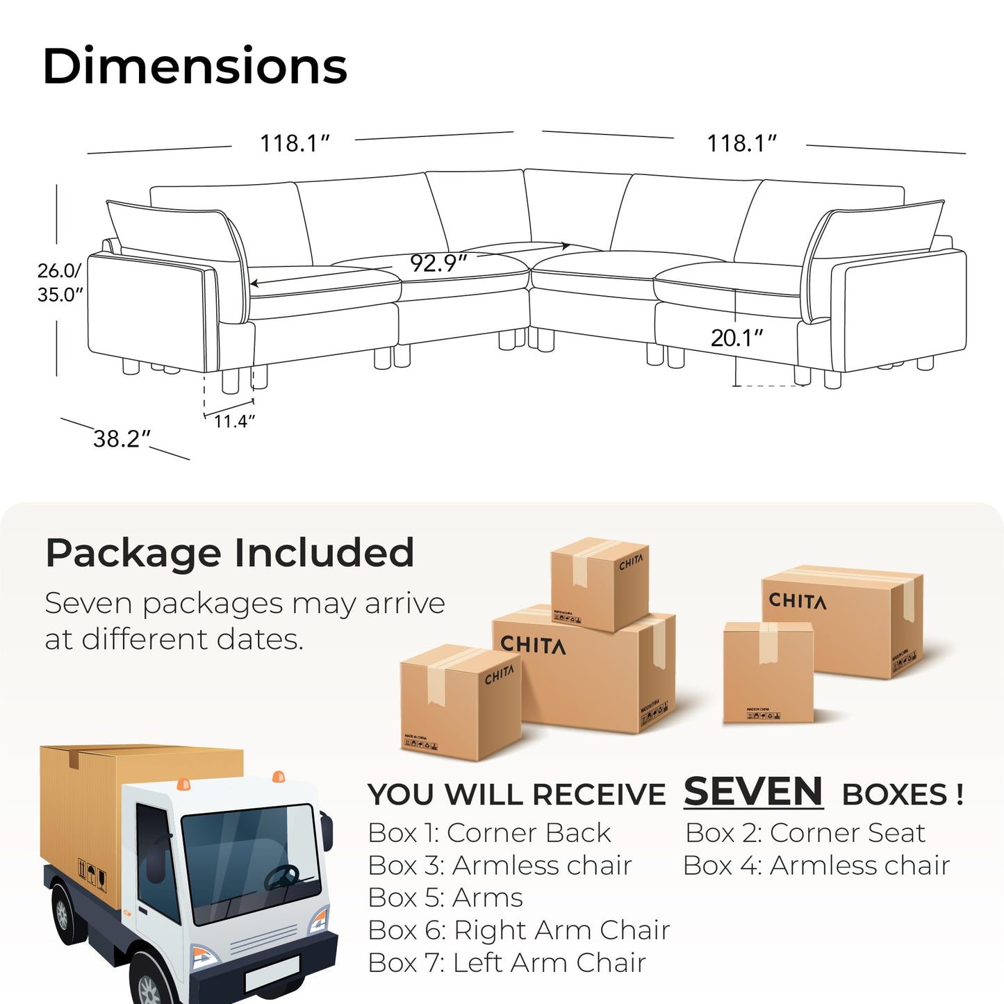 CHITA 127" Super Large Sectional Couches for Living Room, Modular Cloud Couch Sectional Sofa, Premium Fabric Couches, Down Filled, High Density Foam, Chenille in Cream, 4 Seat L Shaped