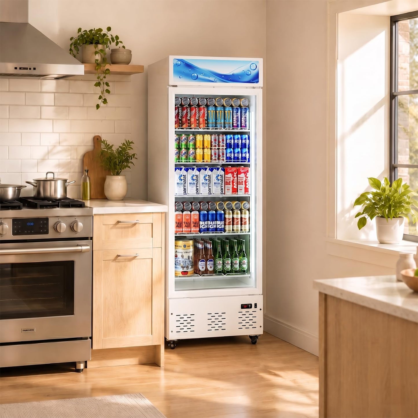 26.8'' W Commercial Beverage Refrigerator, 15 Cu.ft Upright Display Merchandiser Cooler Fridge with LED Light, Adjustable Shelves & Lockable Door for Restaurant Grocery Stores Home, White