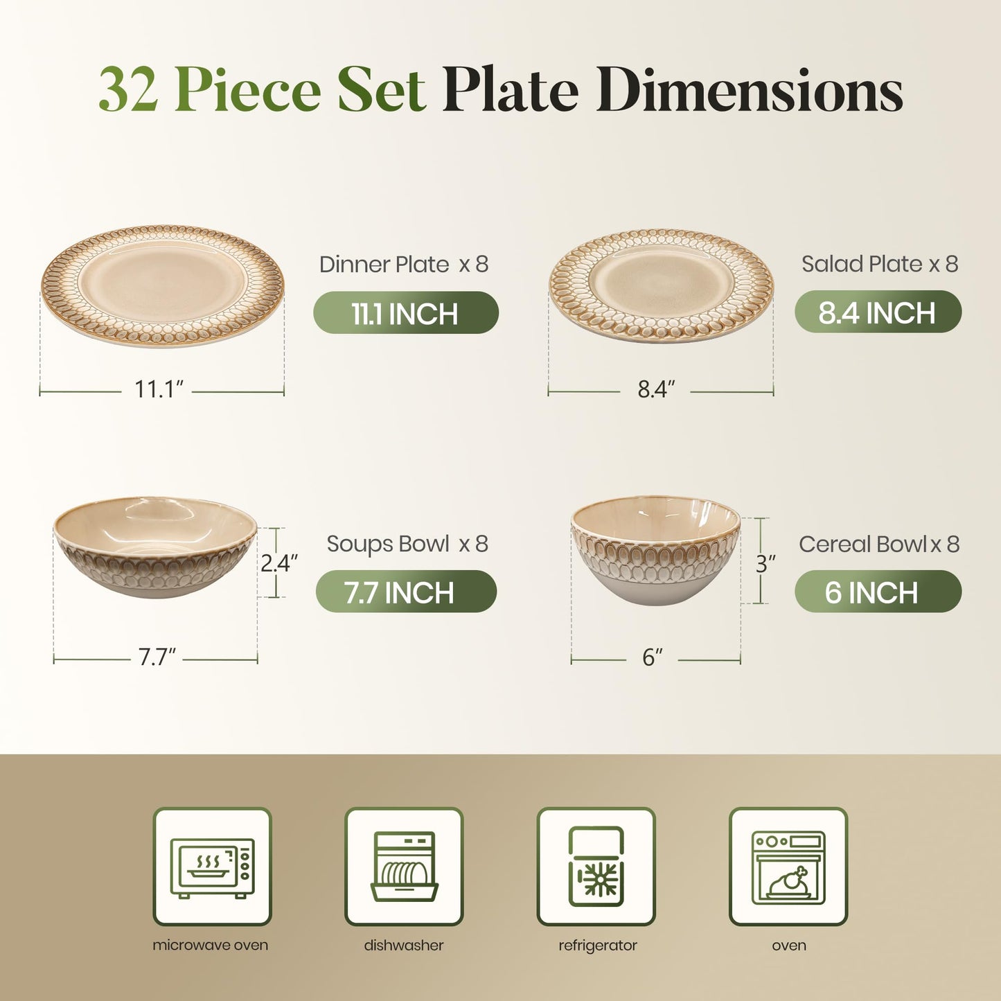 Kitchen Academy Stoneware Dinnerware Sets for 8, Embossed Ceramic Plates and Bowls Set, Beige Dishes