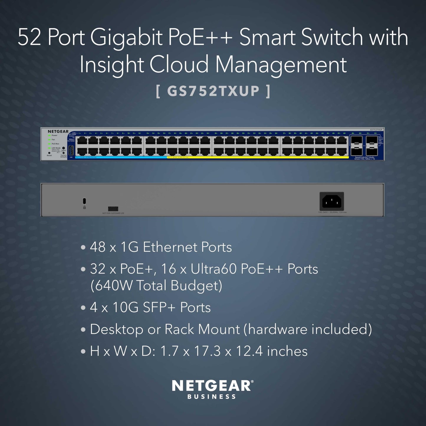 NETGEAR 52-Port PoE Gigabit Ethernet Smart Switch (GS752TPP) - Managed, Optional Insight Cloud Management, 48 x PoE+ @ 760W, 4 x 1G SFP, Desktop or Rackmount
