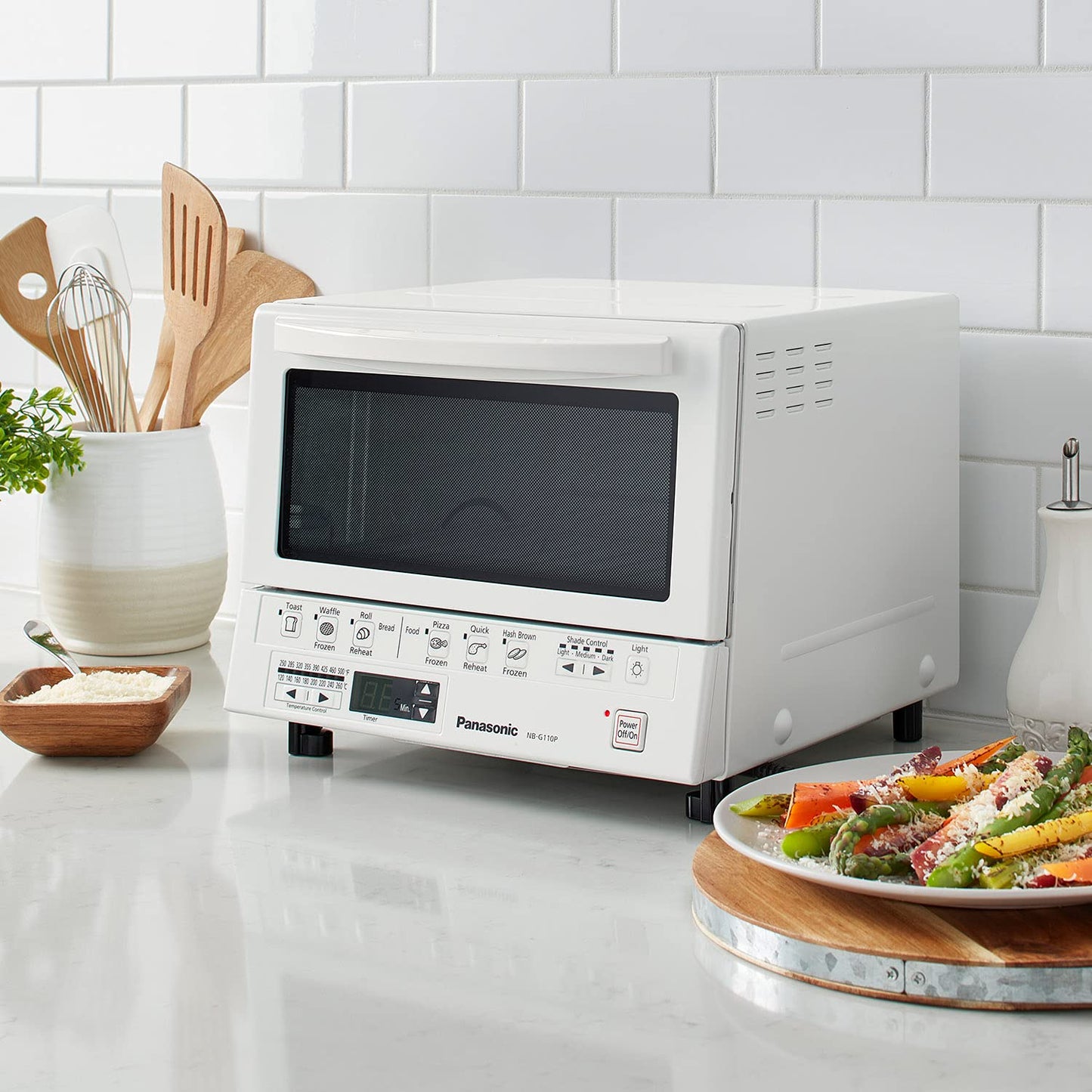 Panasonic FlashXpress Toaster Oven Countertop, 4-Slice Small Toaster Oven Compact Size with Double Infrared Heating, 6 Auto Cook Options and Precise Temperature Control, 1300W - NB-G110P (Silver)