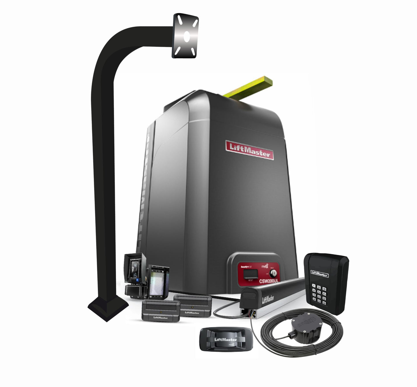 LiftMaster CSL24UL Commercial Slide Gate Operator – High-Traffic Gate Opener Kit with 811LM Remotes, KPW5 Keypad, myQ 828LM Gateway, LMRRUL Photo Eye, S505AL, LA Ornamental 42" Pedestal, CP4 Cartell