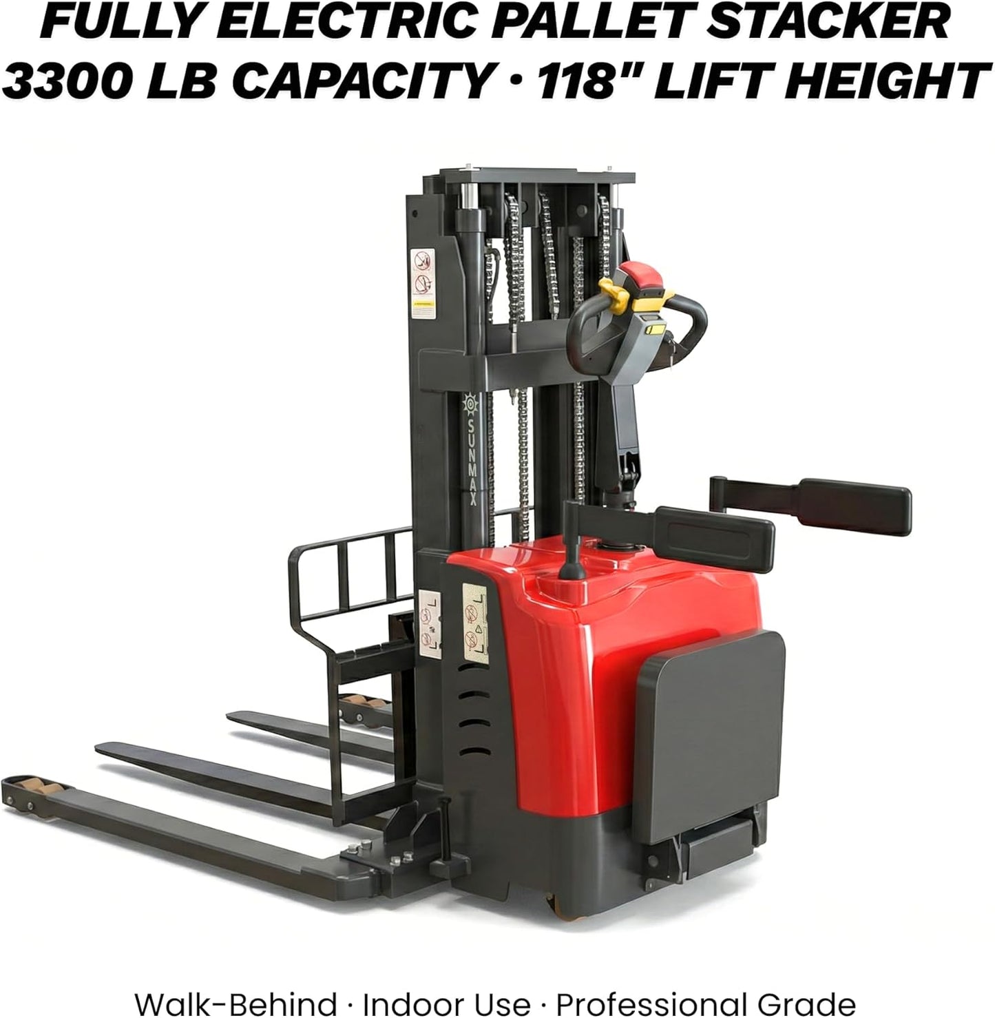 SUNMAX PS3300FEAS-3M Fully Electric Pallet Stacker, 3300 lb Capacity, 118" Lift Height, Walk-Behind Warehouse Stacker with Adjustable Straddle Legs