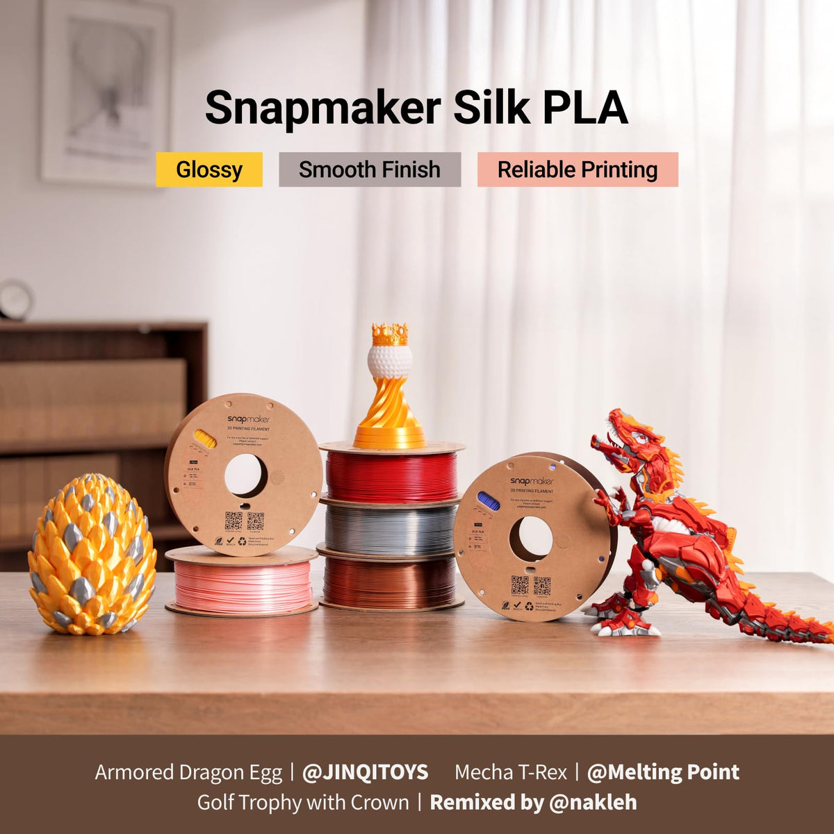 Snapmaker Silk PLA Filament 1.75mm, PLA 3D Printer Filament 1kg (2.2lbs)