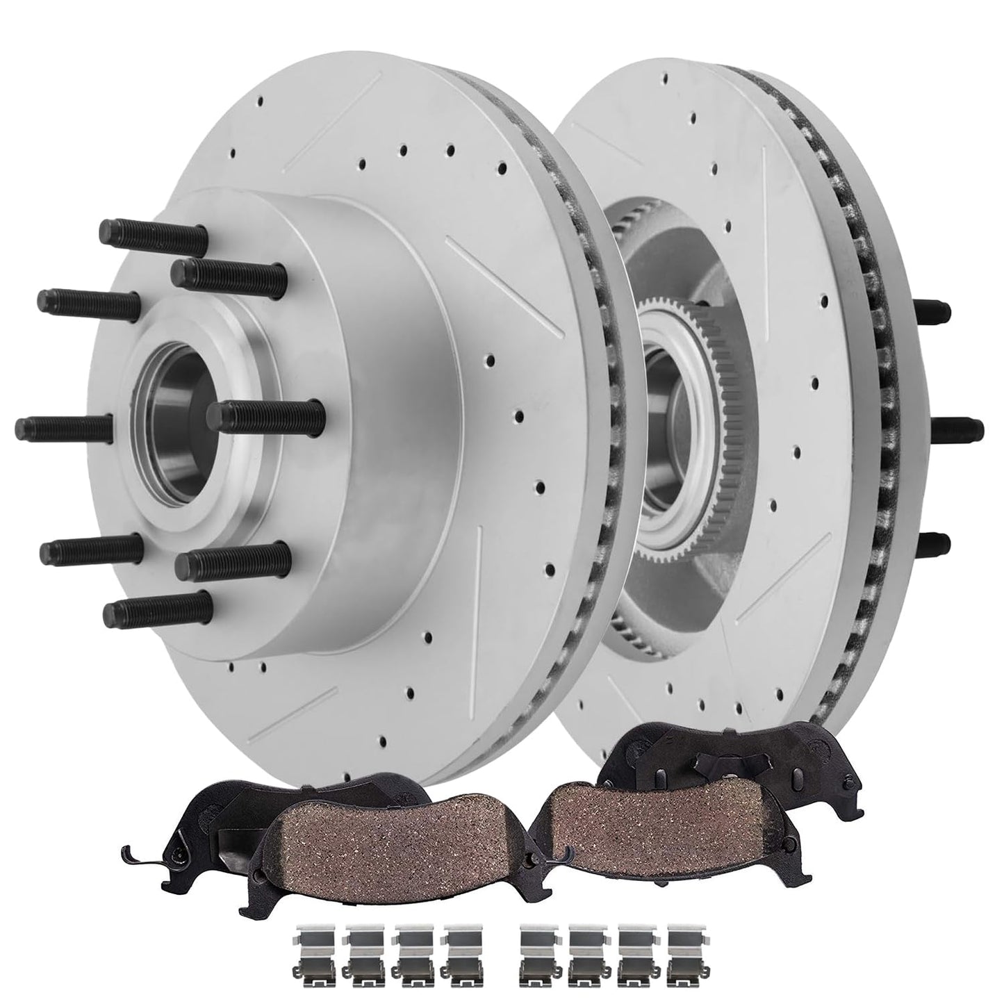 Detroit Axle - Front Brake Kit for 2012-2022 Ford F-250 Super Duty, 2013-2022 Ford F-350 Super Duty, 14.29" inch Drilled and Slotted Disc Brake Rotors Ceramic Brakes Pads Replacement