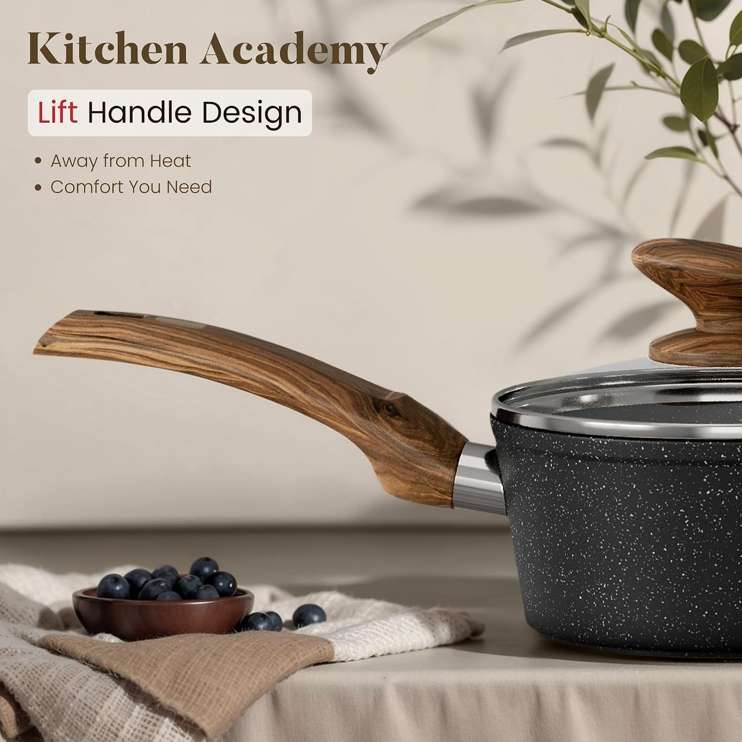 Kitchen Academy 12Pcs Black Pots and Pans Set Non Stick, Kitchen Induction Nonstick Cookware Sets, Best Cooking Pot and Pan Set