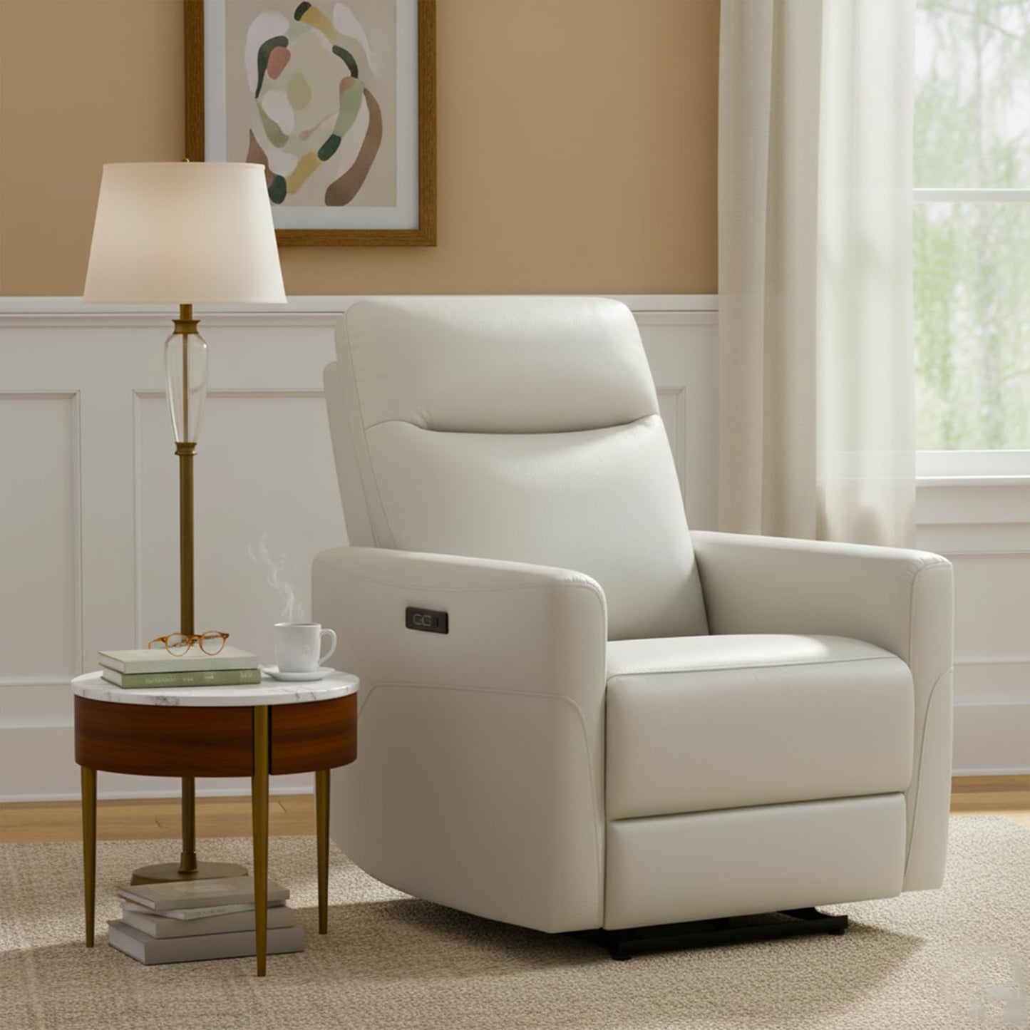 CHITA Genuine Leather Power Recliner Chair for Adults, Electric Wall Hugger Recliner for Small Spaces, Modern Living Room and RV Recliner Chair with Adjustable Power Headrest & Charging Ports, Brown