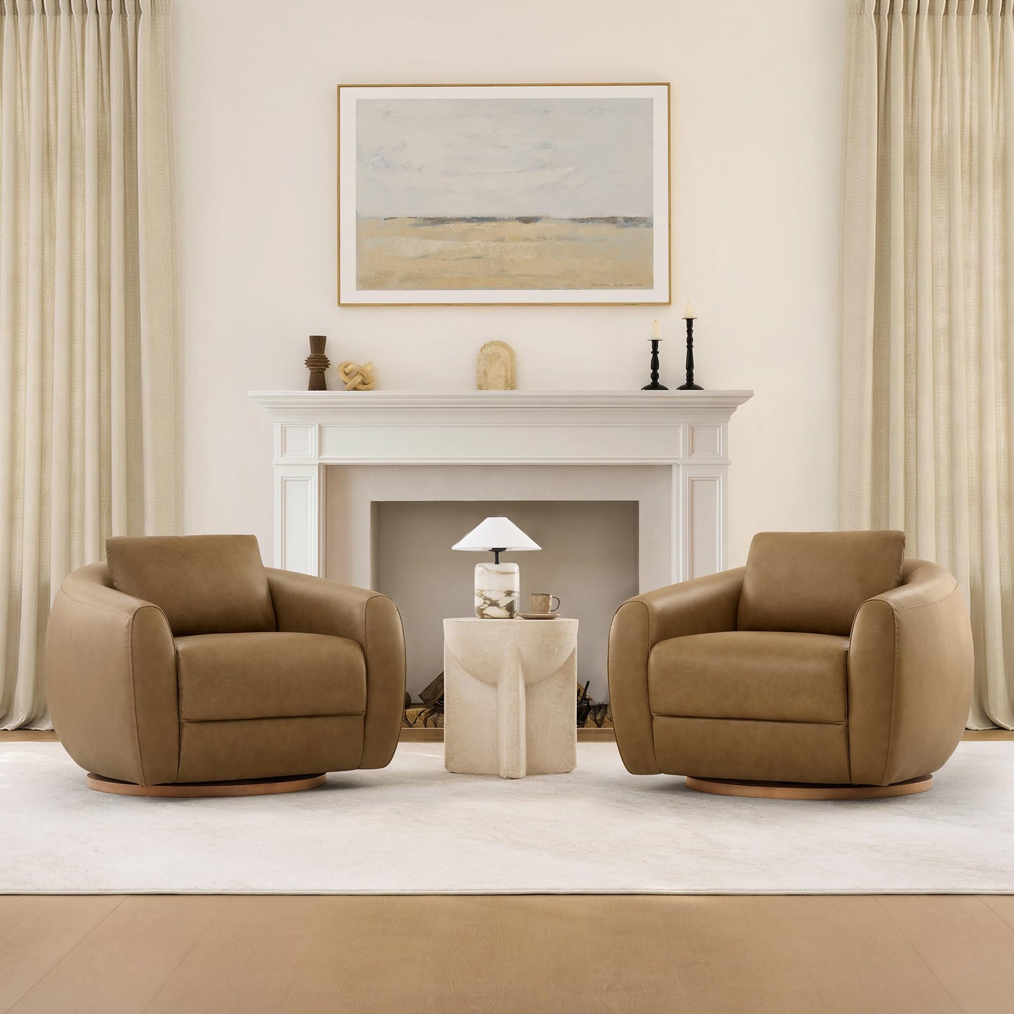 CHITA Genuine Leather Swivel Accent Chair, FSC Certified Mid Century Modern Arm Chair with Wood Base for Living Room and Bedroom, Fully Assembled, Sand