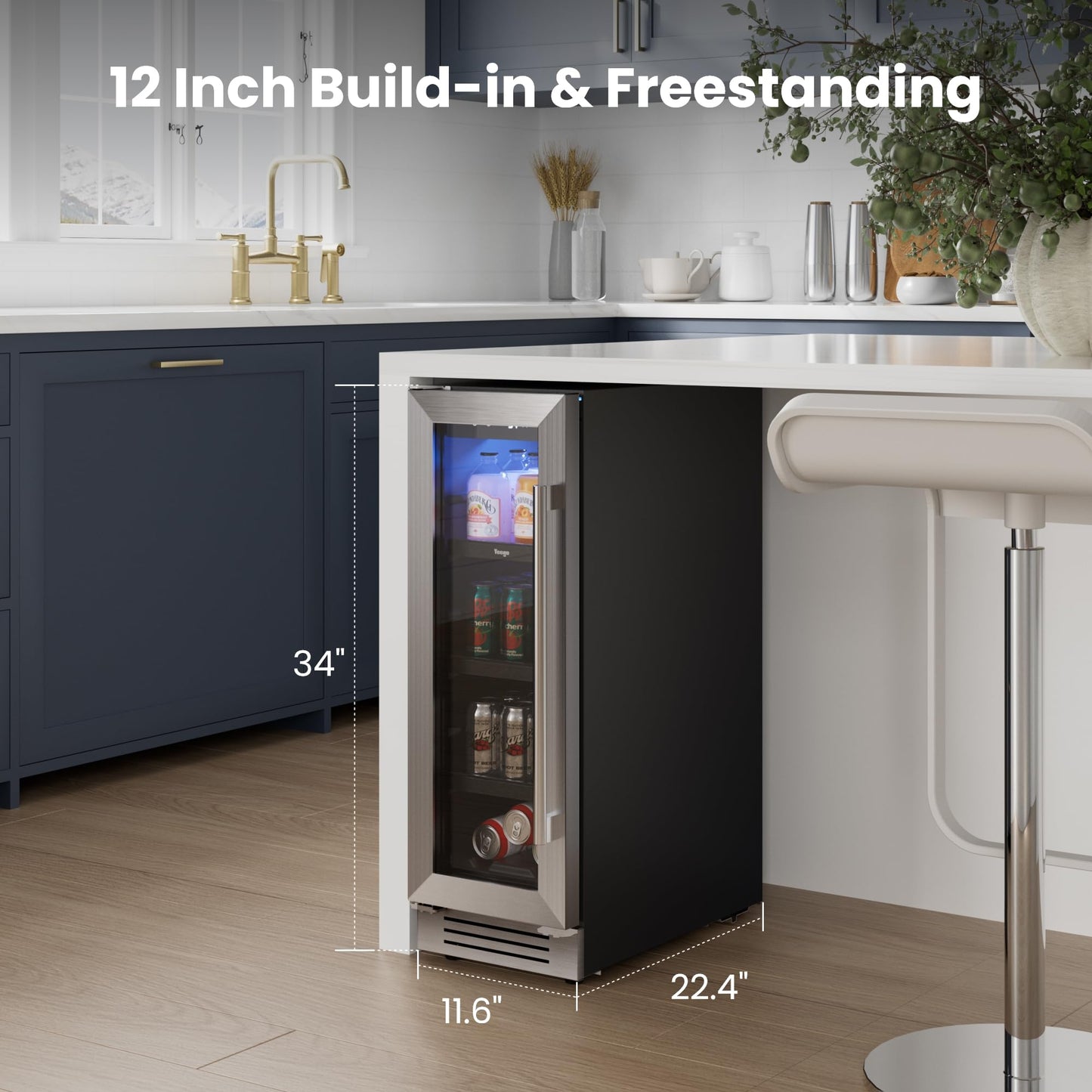 Yeego 24-Inch Beverage Refrigerator, Built-In or Freestanding Beverage Cooler, Up to 180 Cans, Glass Door Mini Fridge for Soda, Beer, Water & Wine (Left-Hinged)