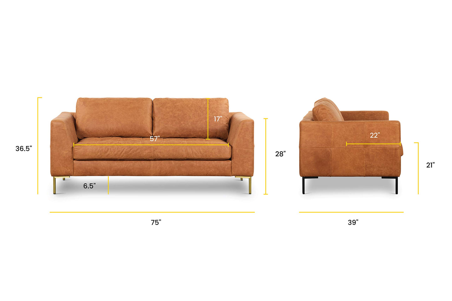 Poly & BARK Calle Right-Facing Sectional in Full-Grain Pure-Aniline Italian Tanned Leather in Cognac Tan and Brass Legs