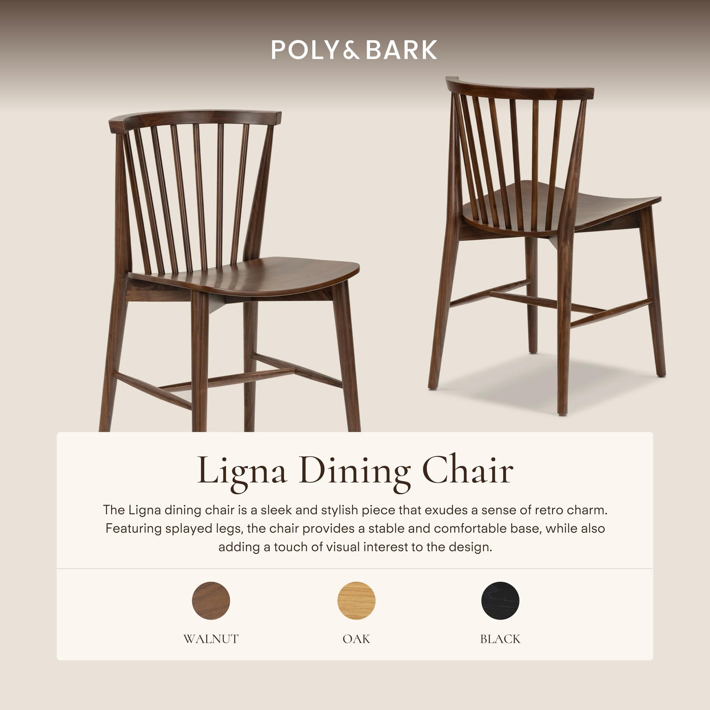 Poly & BARK Ligna Counter Stool in Black – Mid-Century Inspired Stool with Sculpted Spindle Back – Solid American Oak Frame and Engineered Wood Veneered Seat – Fully Assembled and Ready to Use