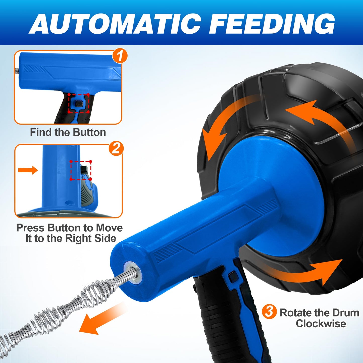 Drainsoon Auto Feed Drain Auger with Drill Adapter, 33 Feet Drain Snake Hair Clog Remover, Manual or Powered Plumbing Snake Drain Cleaner for Bathroom, Shower, Kitchen Sink, Comes with Gloves