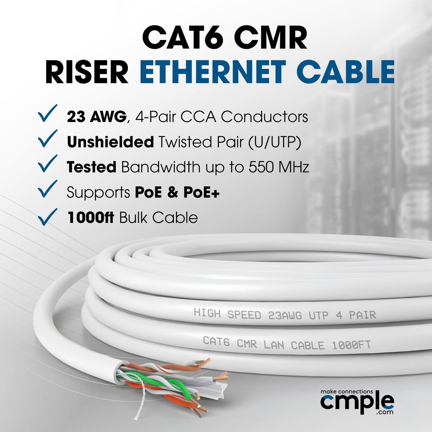 Cmple - Cat6 Cable 1000ft Bulk Lan Ethernet Cat 6 Wire Network UTP 23AWG CMR Riser 10Gbps 550 MHz Pull Box 1000 Feet, Black