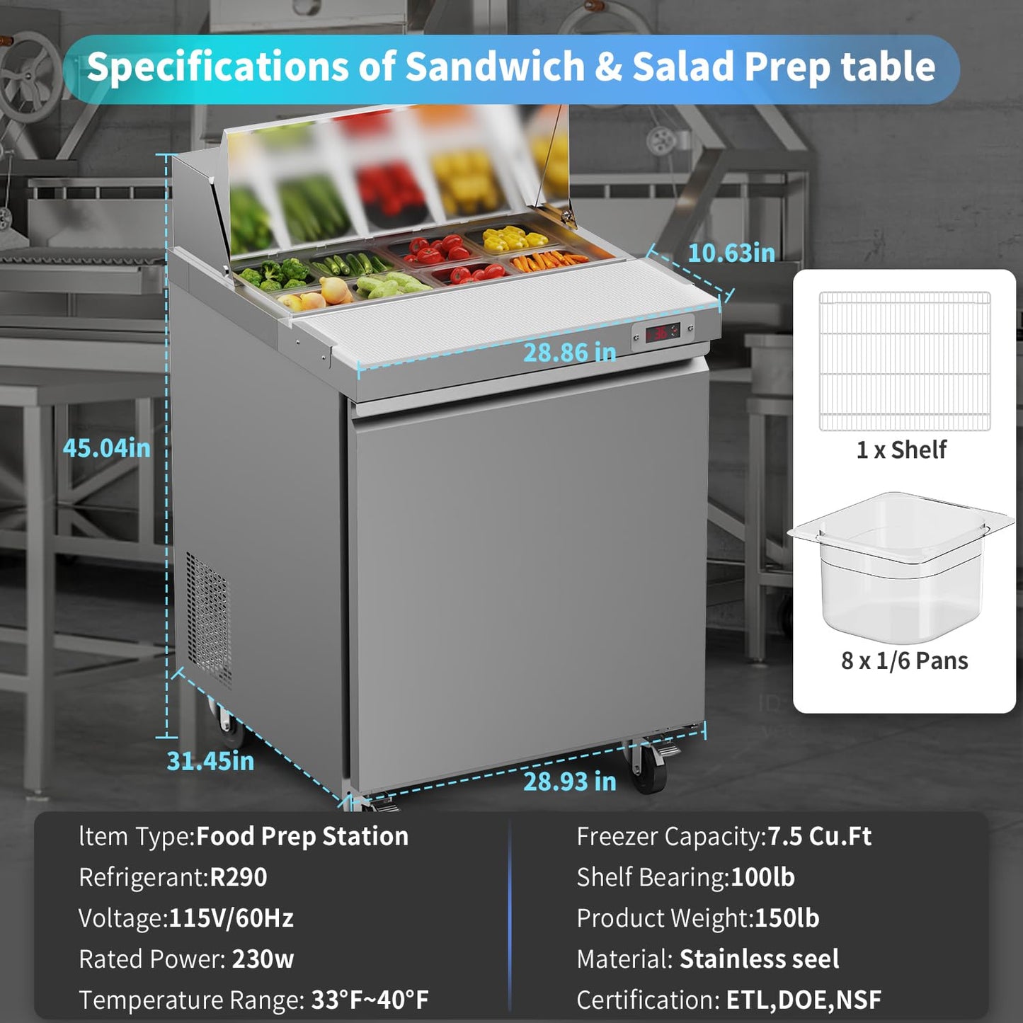 48" W Commercial Refrigerator Sandwich Salad Prep Table Refrigerator Stainless Steel with 12 Pans, Kitchen Equipment for Restaurant, Bar, Shop, Buffet, etc