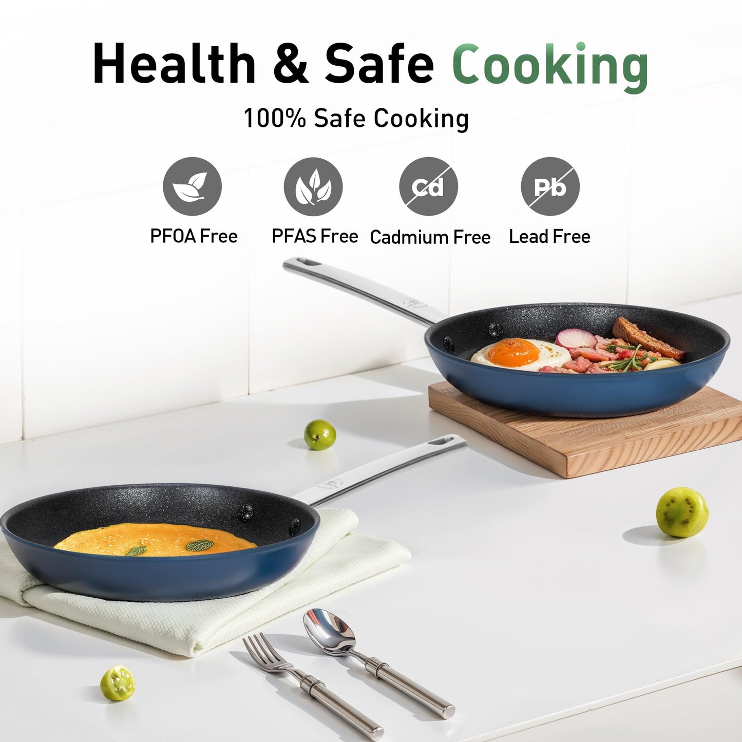 Kitchen Academy Plasma Titanium Ceramic Nonstick Cookware Set - 6 Piece Induction Pots and Pans Set Non Stick, Blue Healthy Non Toxic Cooking Ware Set with Scratch Defense Technology, PFOA&PFOS Free