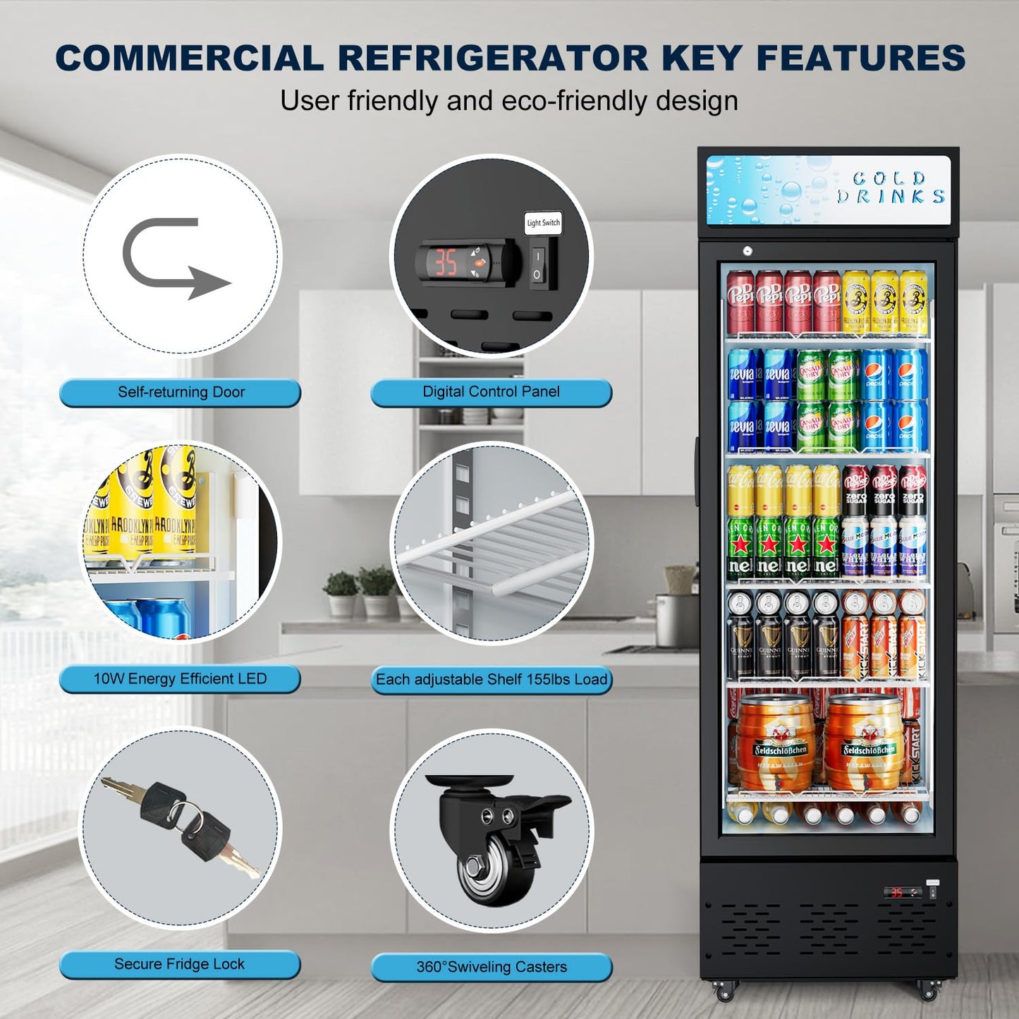 25.7'' W Commercial Refrigerators with Glass Door, 15 Cu.ft. Beverage Refrigerators Commercial Fridge Upright Display Cooler with Soft LED Light and Adjustable Shelves for Restaurant Stores