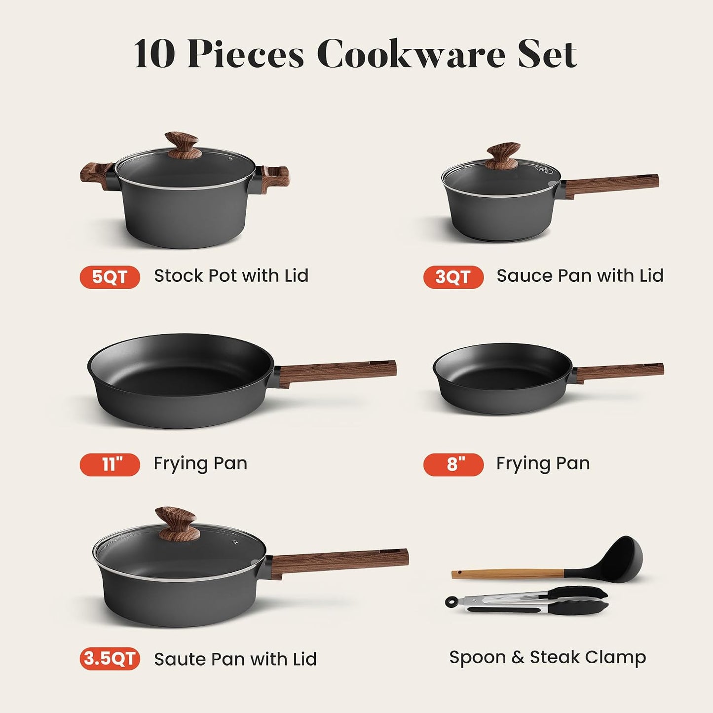 Kitchen Academy 10Pcs Ceramic Pots & Pans Set | Non Toxic, Induction Cookware