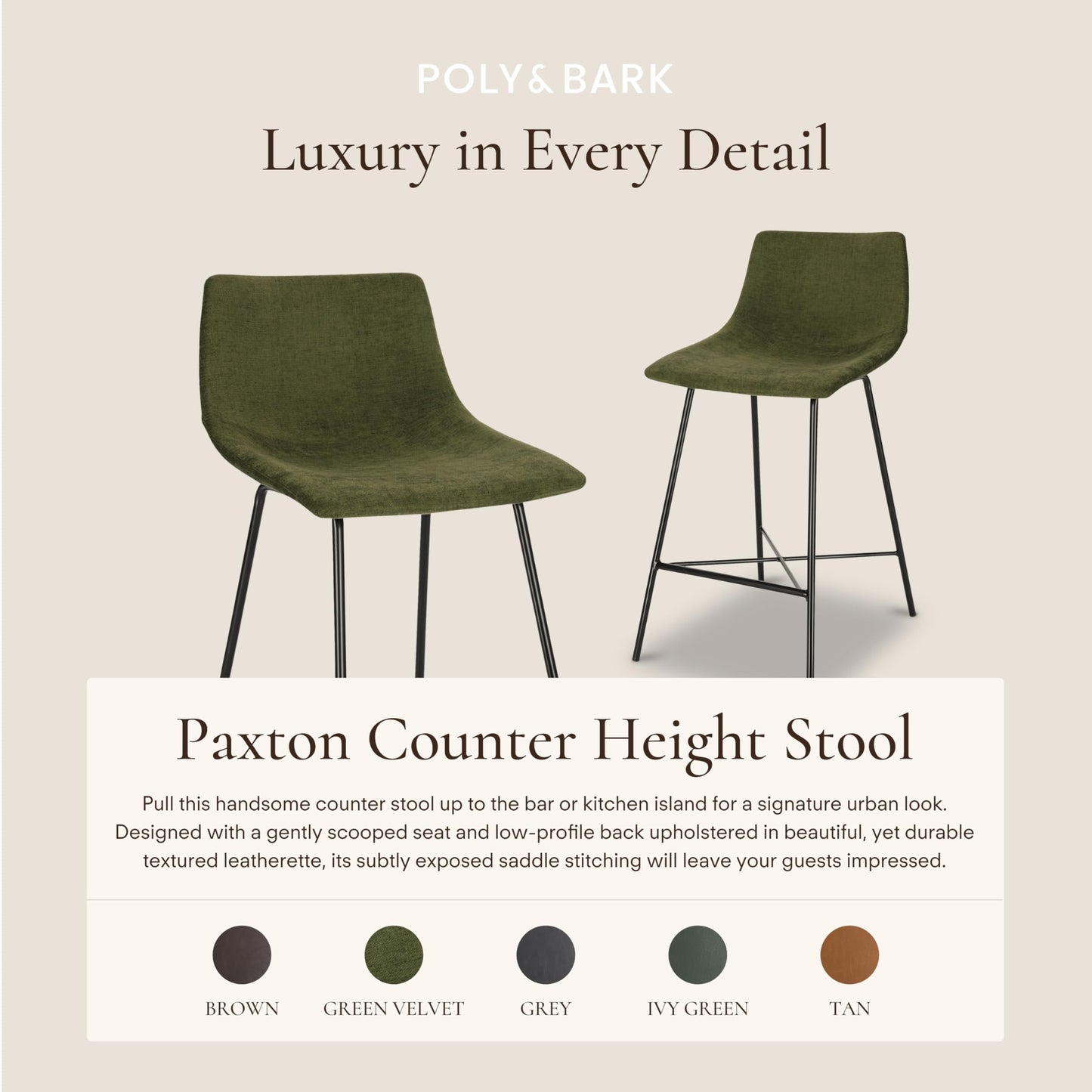 POLY & BARK Paxton Leather Counter Stools 24 Inches – Set of 2 - Counter Height Bar Stools with Back – Modern Barstools for Kitchen Island or Counters – Faux Leather & Matte Black Steel Base – Tan