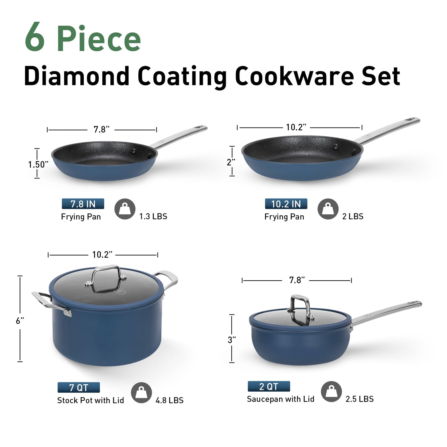 Kitchen Academy Plasma Titanium Ceramic Nonstick Cookware Set - 6 Piece Induction Pots and Pans Set Non Stick, Blue Healthy Non Toxic Cooking Ware Set with Scratch Defense Technology, PFOA&PFOS Free