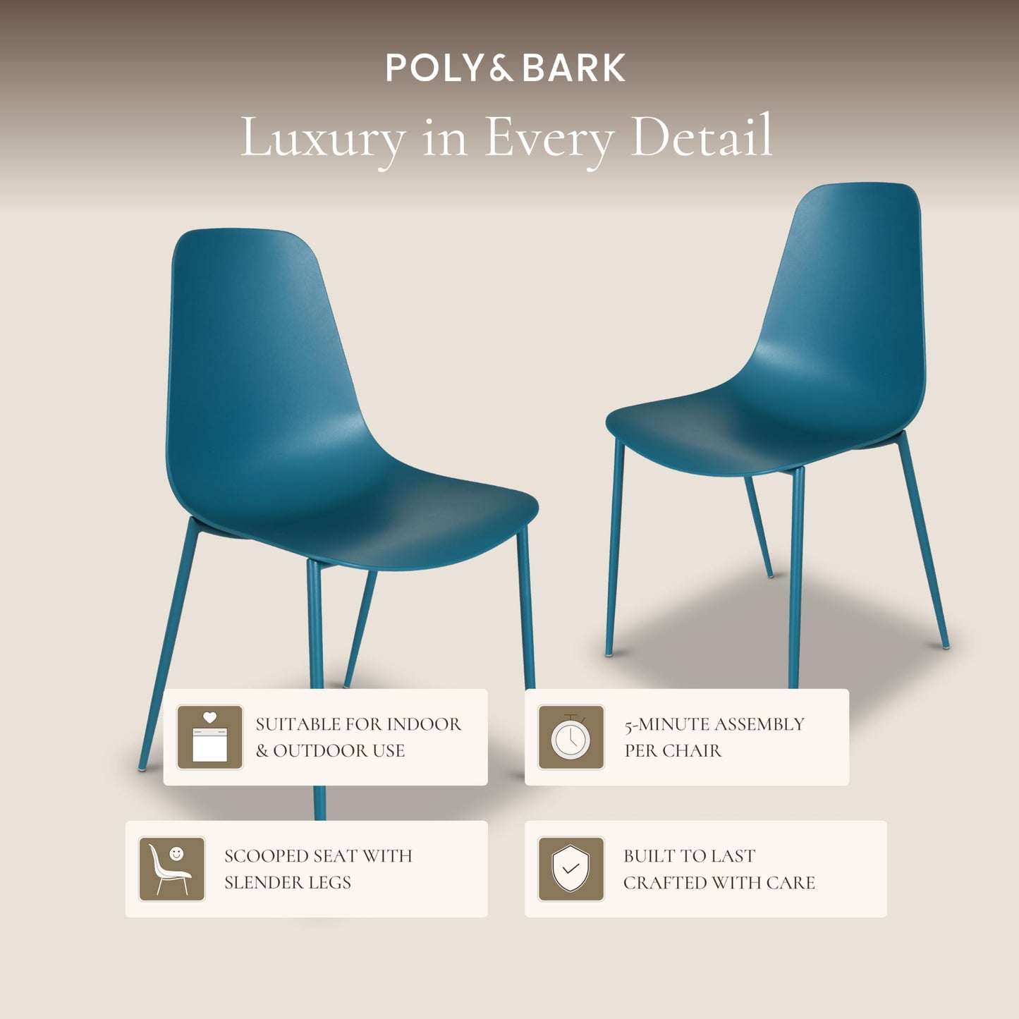 POLY & BARK Isla Modern Dining Chairs Set of 4 – Mid Century Modern Plastic Dining Chair with Metal Legs – Kitchen & Dining Room Chairs – Indoor/Outdoor – White
