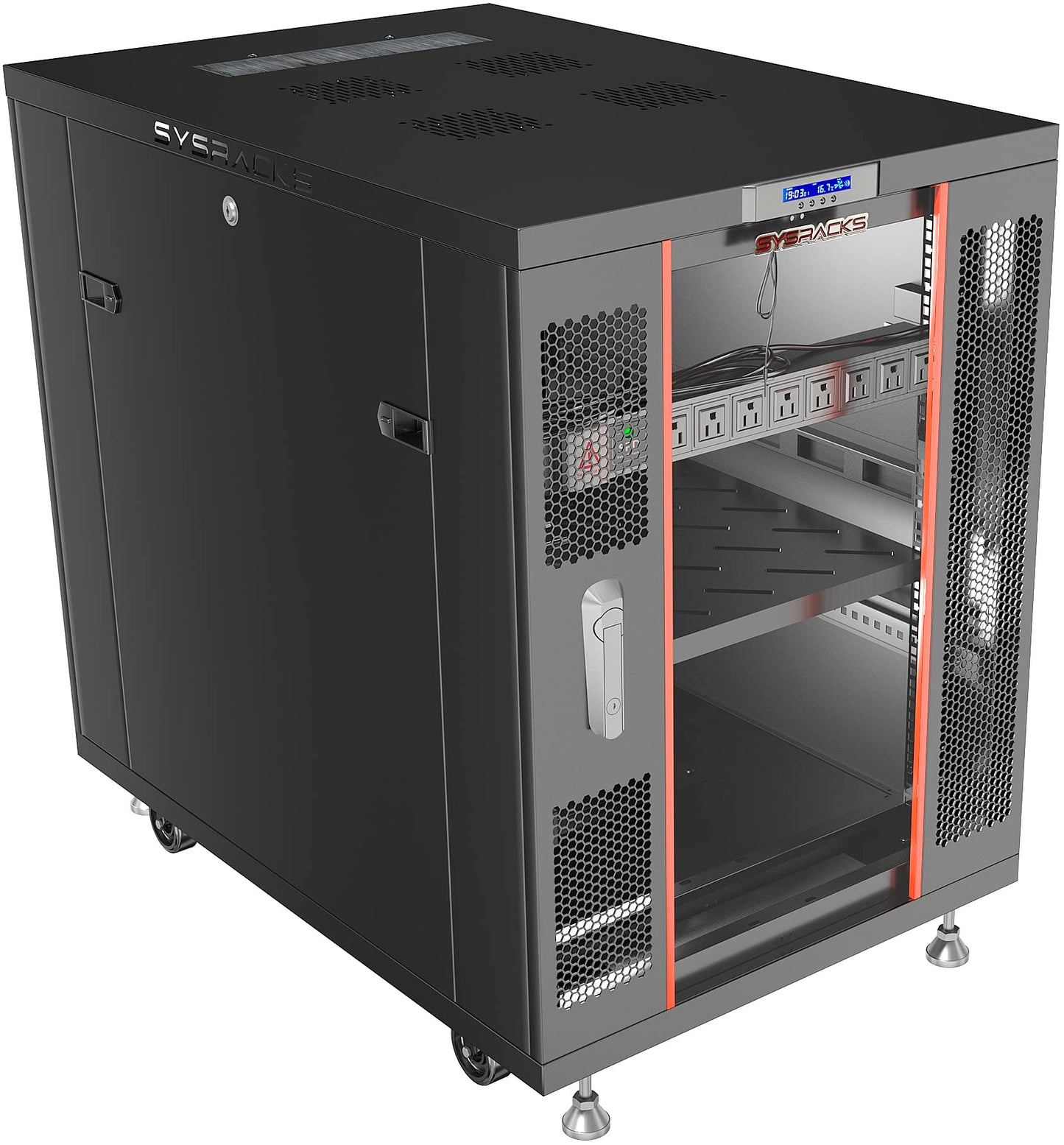 Sysracks 32U Server Rack Cabinet, 32" Deep, Glass Door, 19-Inch | 4-fan thermostat cooling, PDU, shelf, casters, cable brushes, 1600 lb capacity