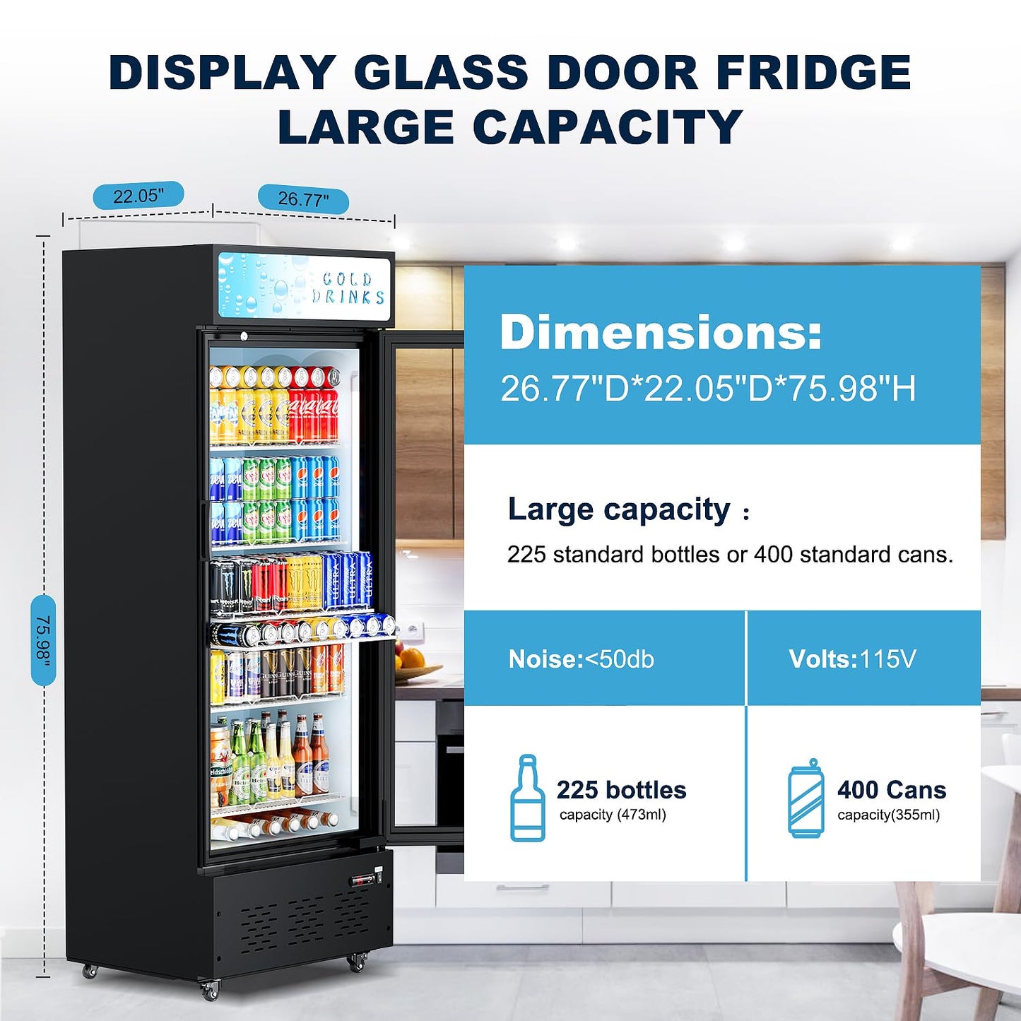 25.7'' W Commercial Refrigerators with Glass Door, 15 Cu.ft. Beverage Refrigerators Commercial Fridge Upright Display Cooler with Soft LED Light and Adjustable Shelves for Restaurant Stores