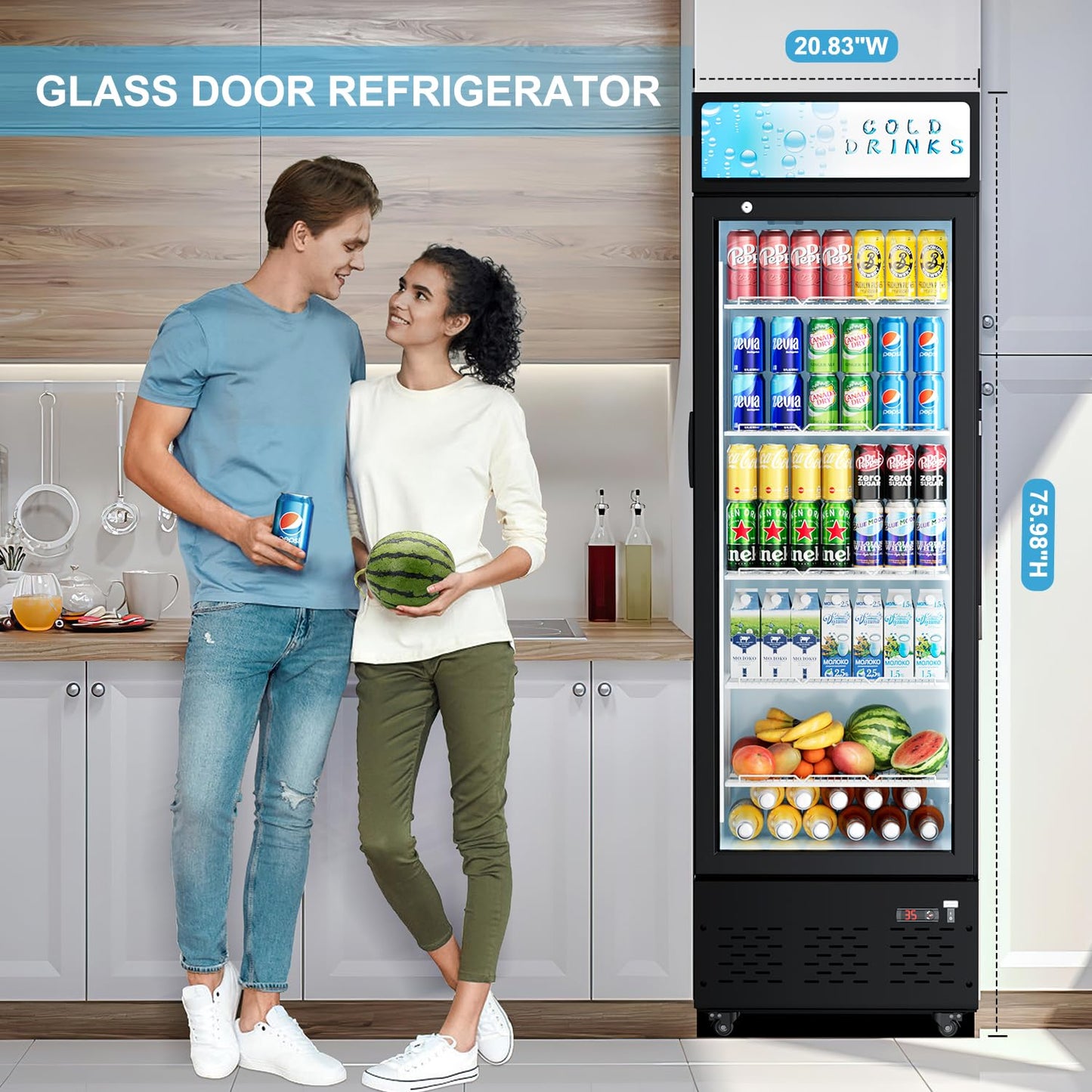 25.7'' W Commercial Refrigerators with Glass Door, 15 Cu.ft. Beverage Refrigerators Commercial Fridge Upright Display Cooler with Soft LED Light and Adjustable Shelves for Restaurant Stores
