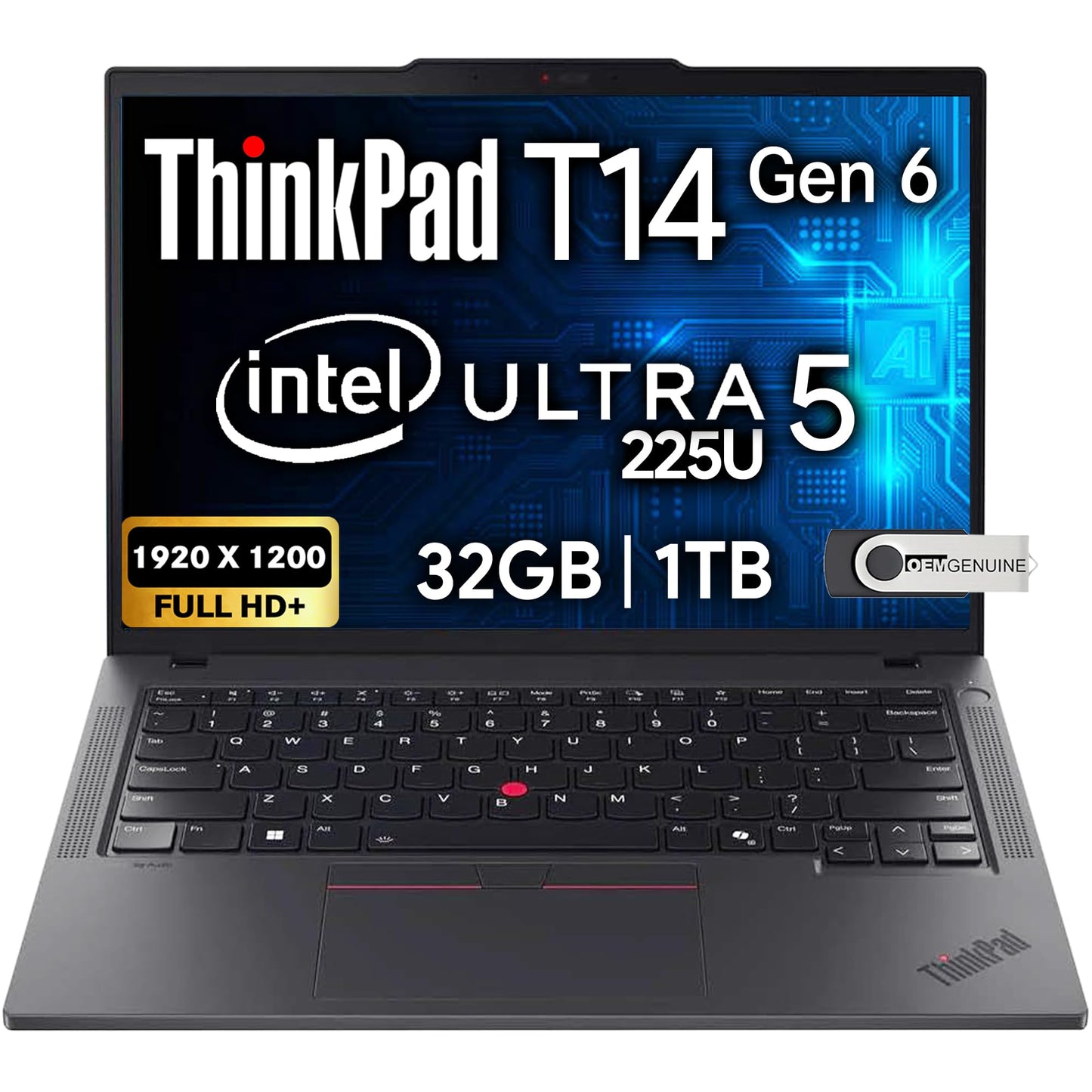 Lenovo ThinkPad T14 Gen 6 Business Laptop 14" FHD+ IPS, Intel Ultra 5 225U, 32GB DDR5 RAM, 1TB SSD, 5MP HD Webcam, Fingerprint, Backlit, Wi-Fi 6E, 2 Thunderbolt 4, AI PC